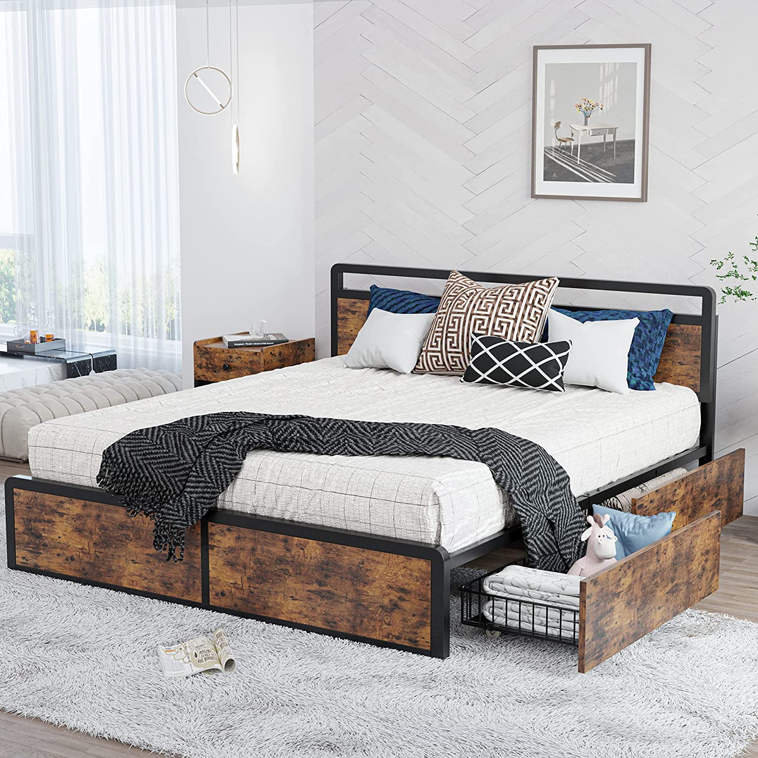 LIKIMIO Queen Bed Frame with Storage Adjustable Headboard and 4 Drawers Sturdy and Practical No Noise No Box Spring Needed Easy Assembly Vintage Brown