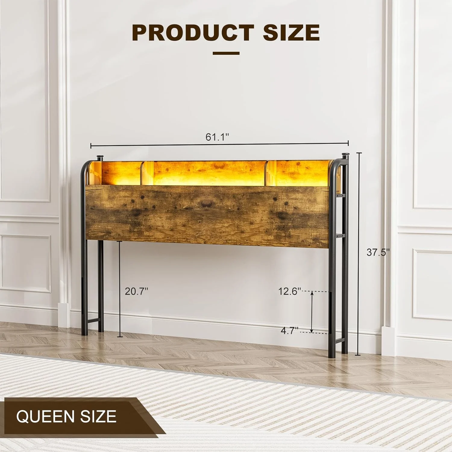 IKIFLY Queen Size Storage Headboard with Charging Station, Industrial Headboard for Queen Size Bed with LED Lights, Height Adjustable, Queen Headboard Only for Bedroom, Attach Frame - Rustic Brown