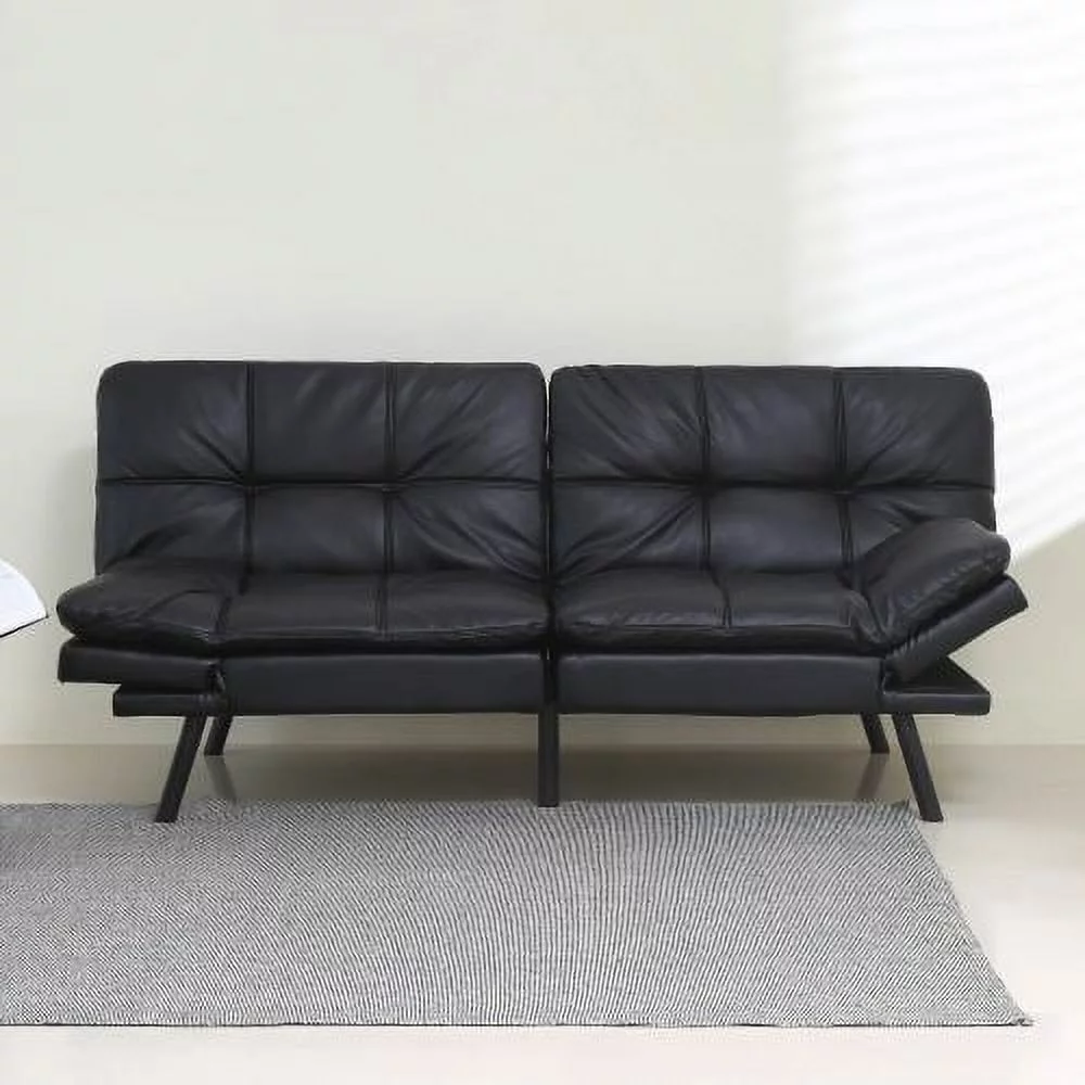 Futon Sofa Bed Faux Leather Convertible Couch with Adjustable Armrests, Modern Sleeper Daybed for Small Spaces
