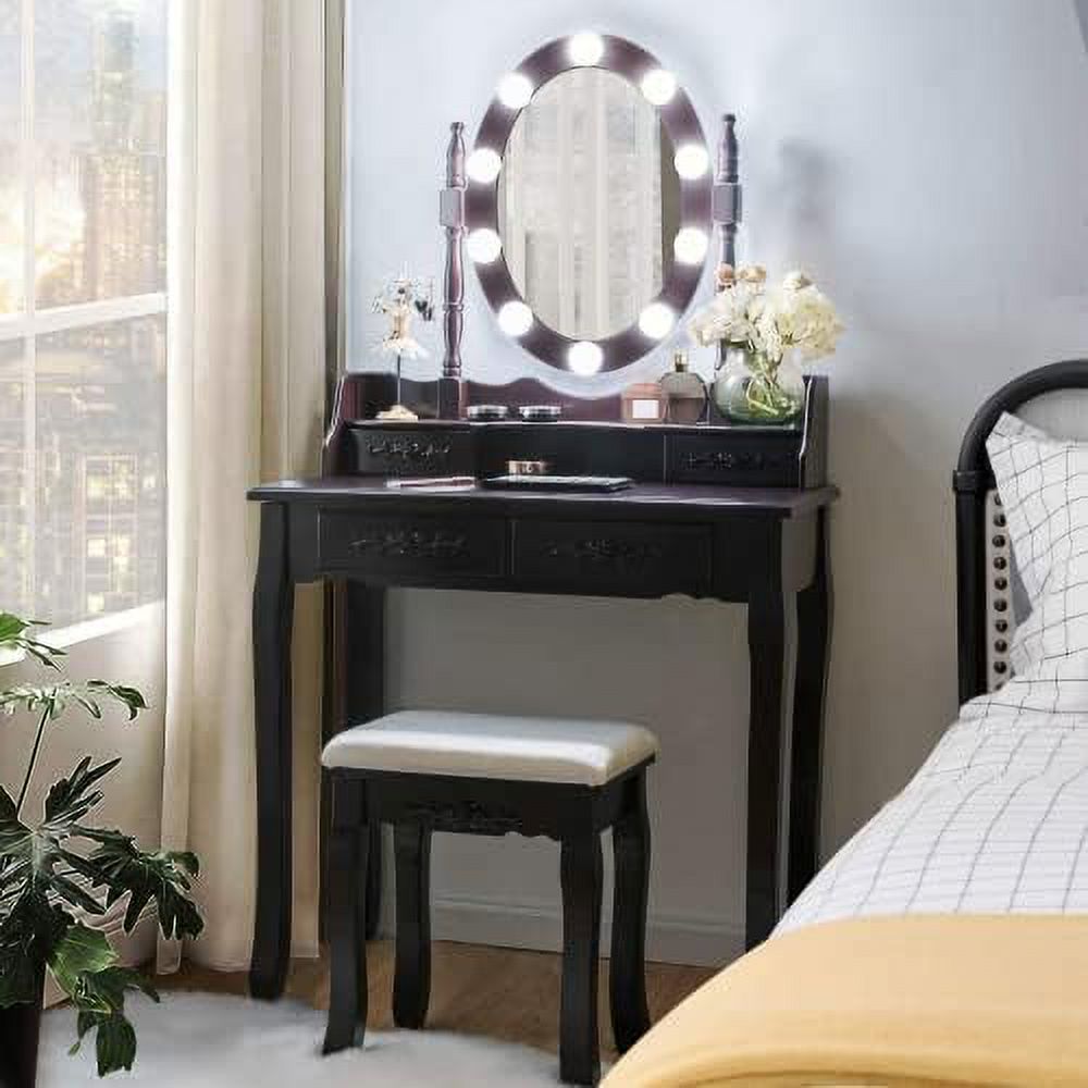 HBBOOMLIFE Vanity Desk Set with Lighted Mirror  Versatile Dresser w/Padded Stool & 4 Drawers  Makeup Organizer Table w/° Rotatable Mirror & 10 Adjustable Light   Vanities (White)