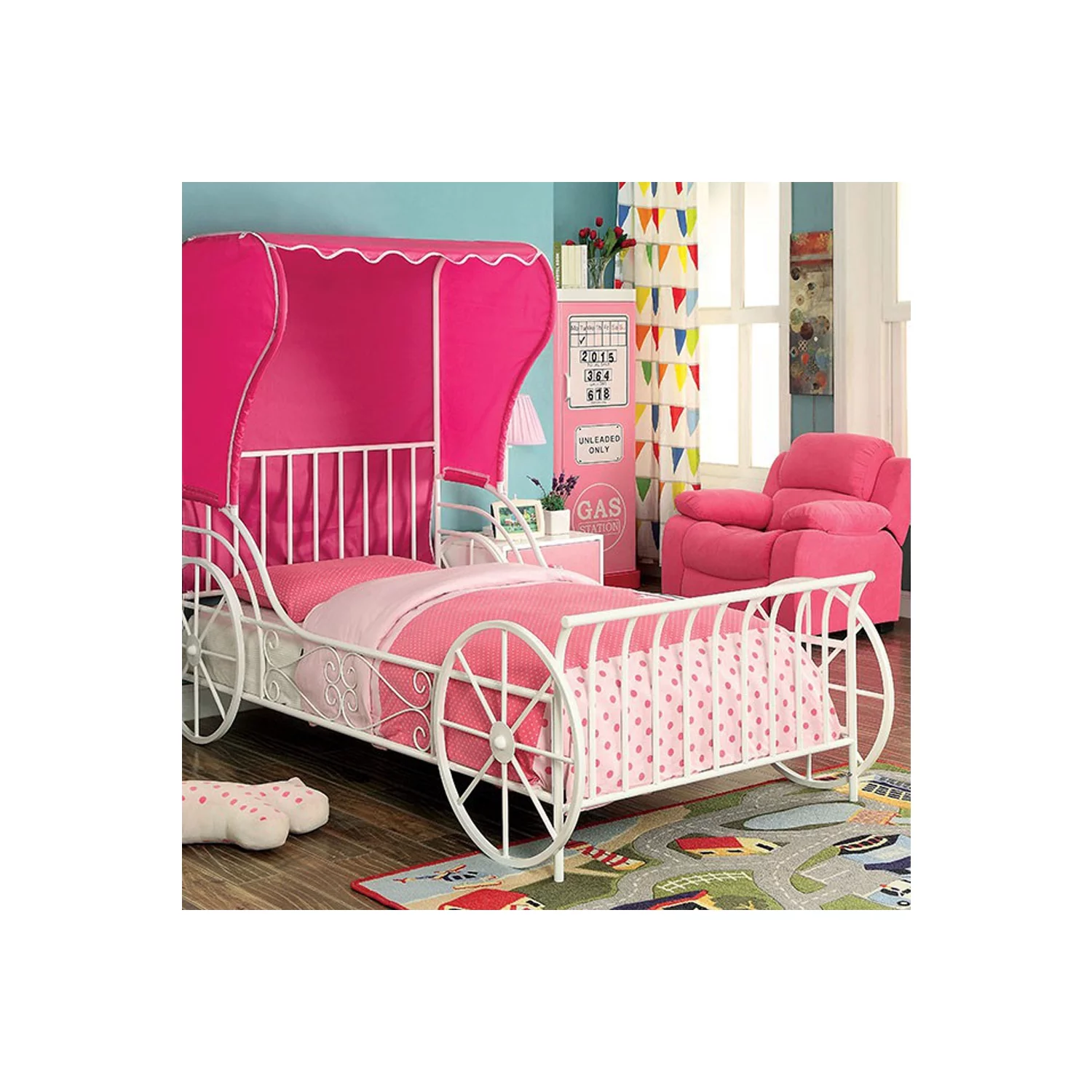 Benzara Metal Full Size Carriage Bed With Pink Wingback Tent, White