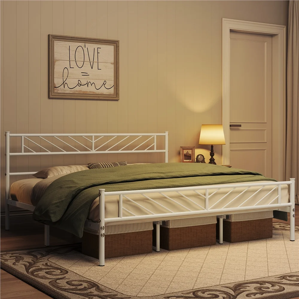 Easyfashion Justice Metal Platform Bed with Arrow Design,king,White