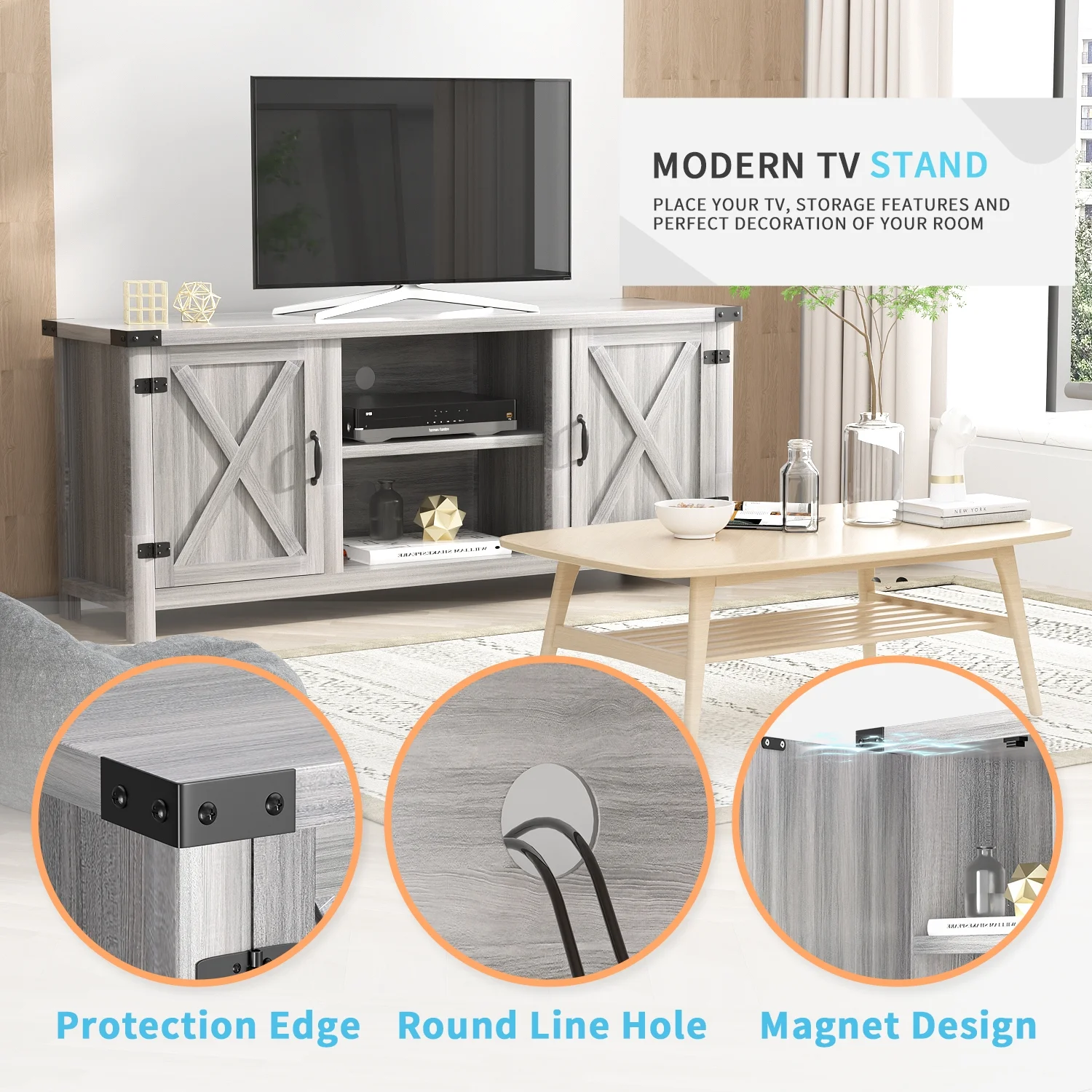 Homall Farmhouse TV Stand Rustic Barn Two-Door TV Cabinet for TVs up to 65