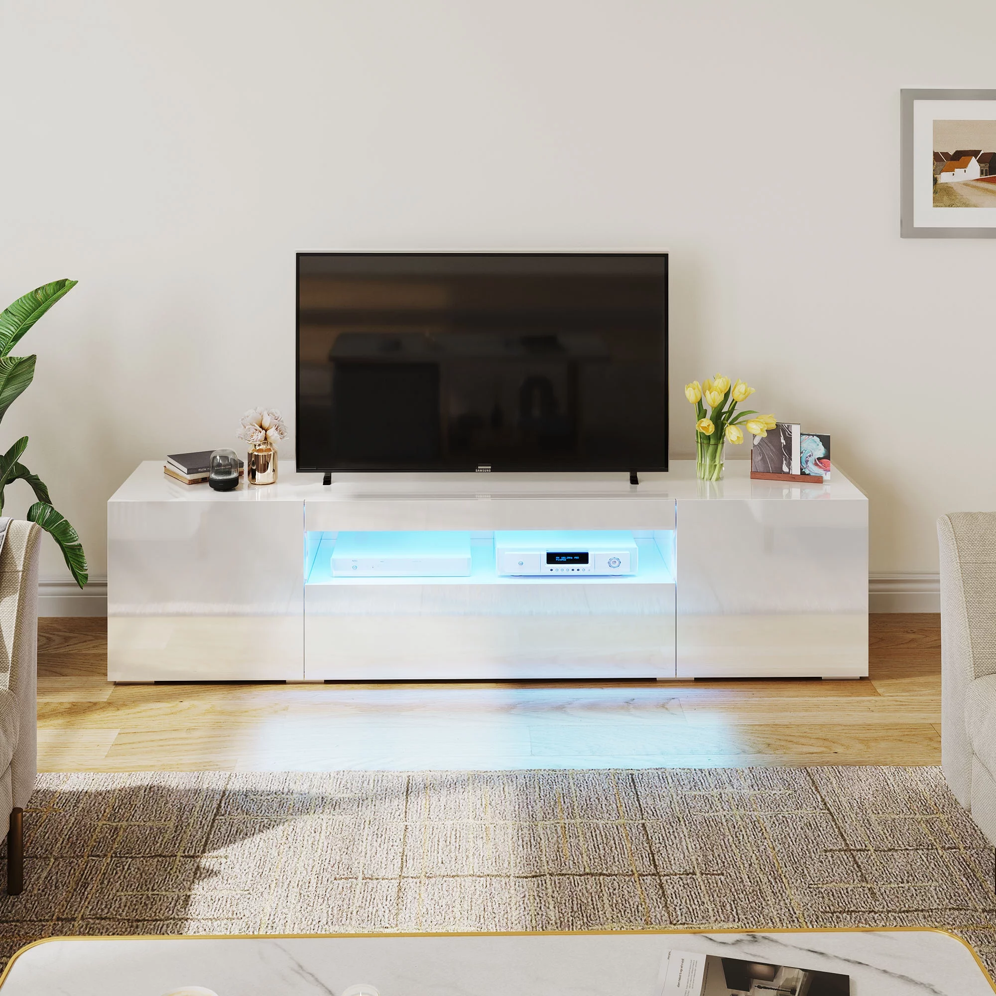 Dextrus Large LED TV stand for 75 inch TVs White High Glossy Media Center with 2 Cabinets and 1 Drawer for Living Room, 70