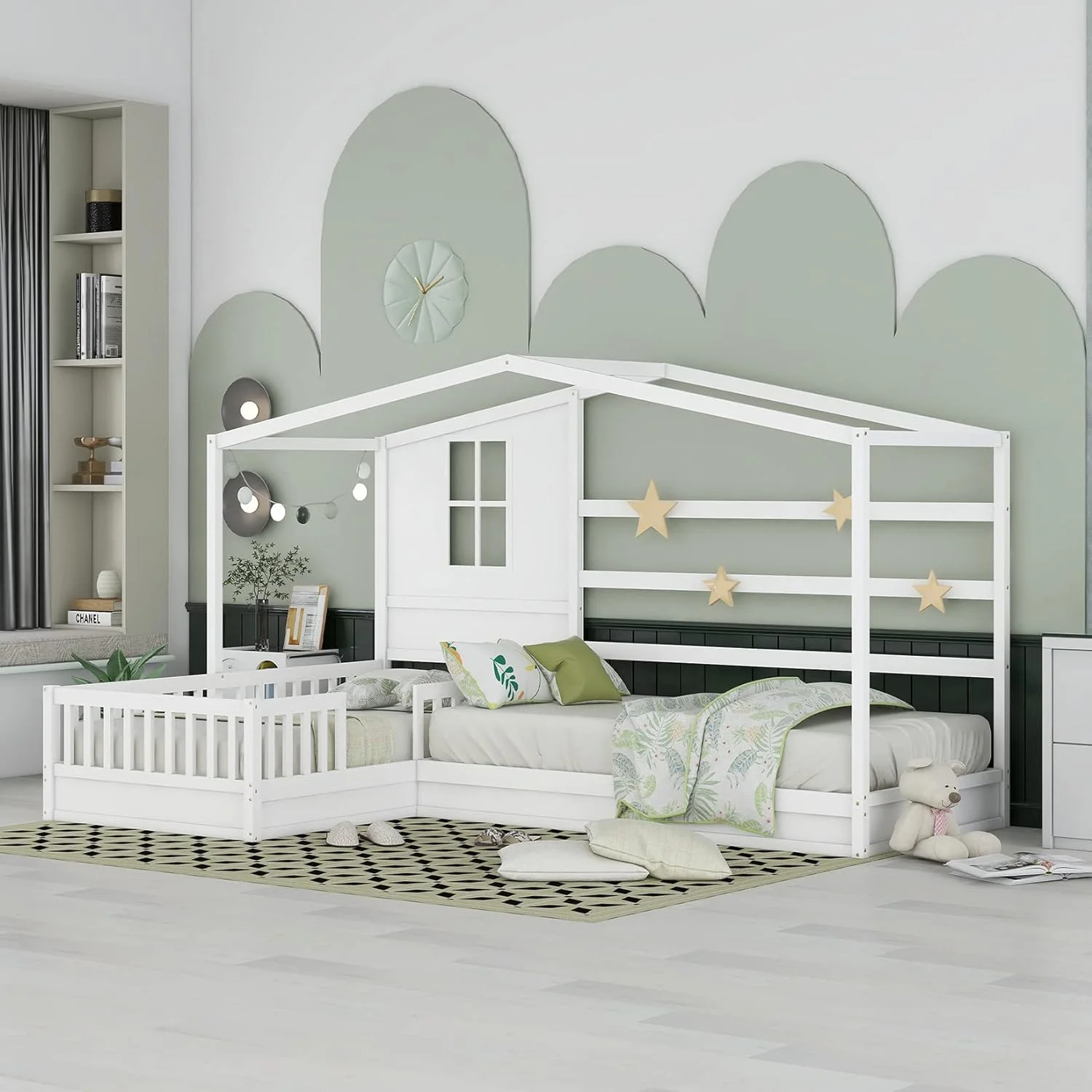 L Shaped Bed Frame With Roof, Corner Bed House Bed For Kids, Solid Wood Platform Bed Frame For 2 People ( Size, White)