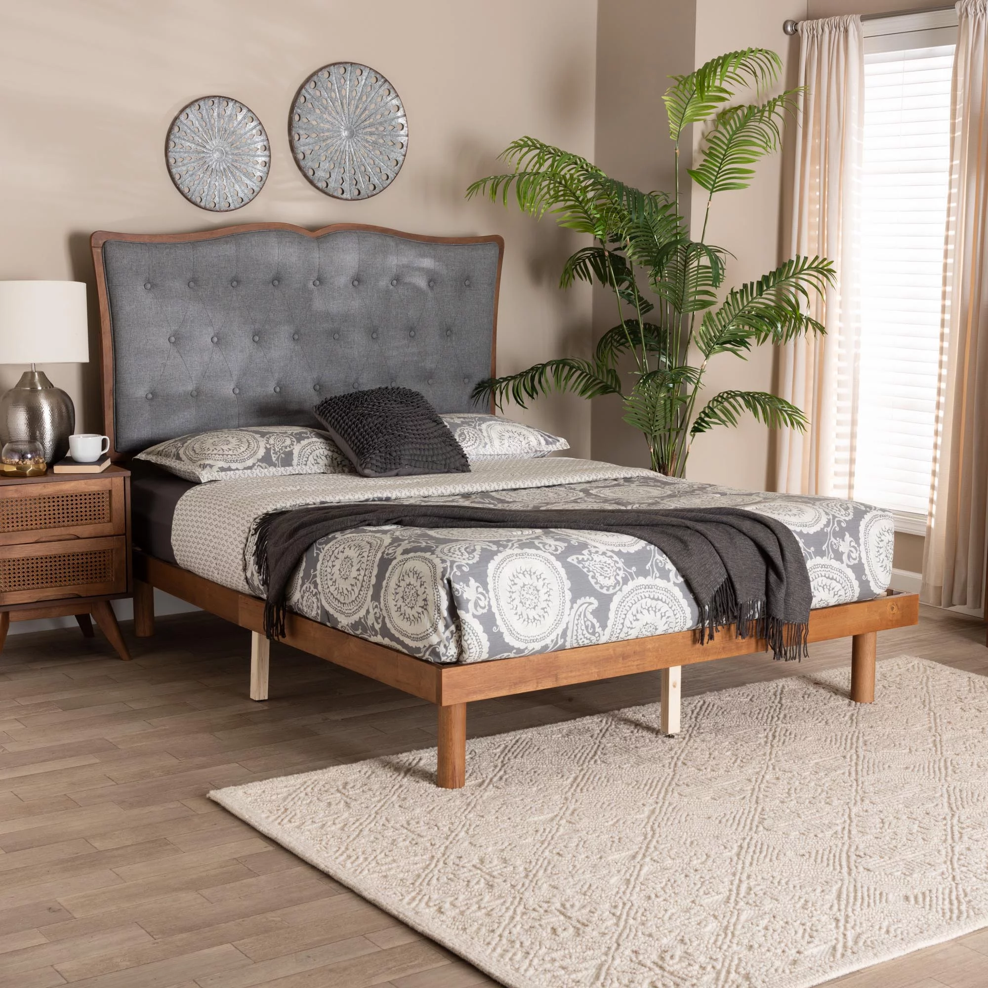 Baxton Studio Elitia Classic and Traditional Grey Fabric and Walnut Brown Finished Wood King Size Platform Bed