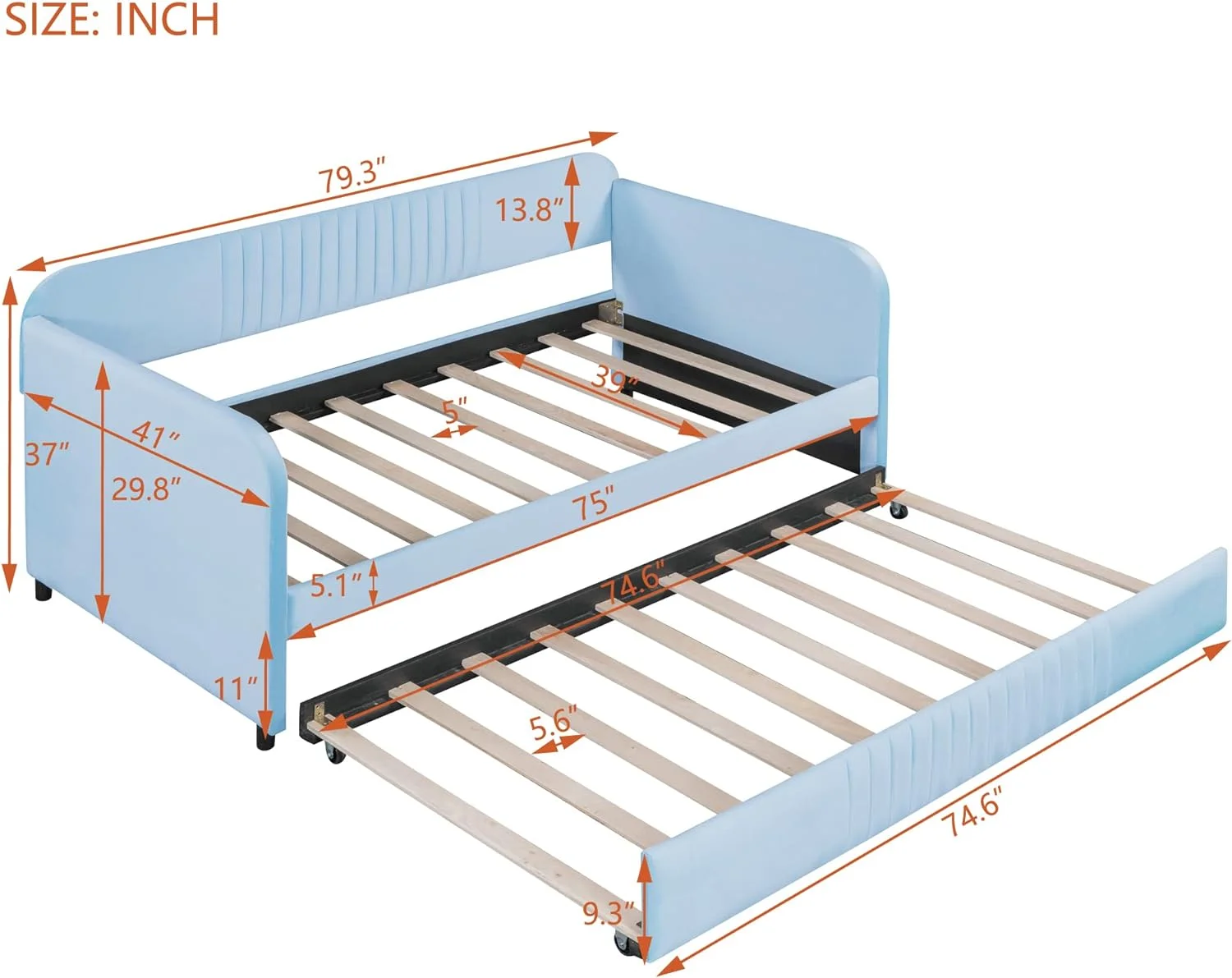 Size Daybed With Trundle,Velvet Upholstered Size Day Bed, Sofa Daybed Frame With A Trundle,No Box Spring Needed, Trundle Bed For Bedroom Living Room Guest Room(Light Blue, )