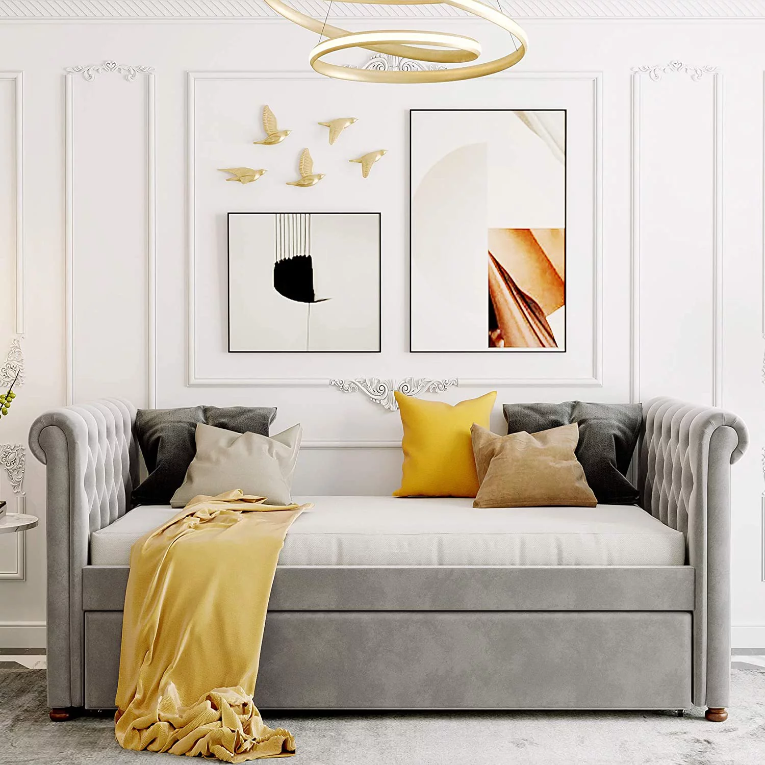 CHURANTY Upholstered Bed Wood Twin Size Bed with Trundle , No Box Spring Needed