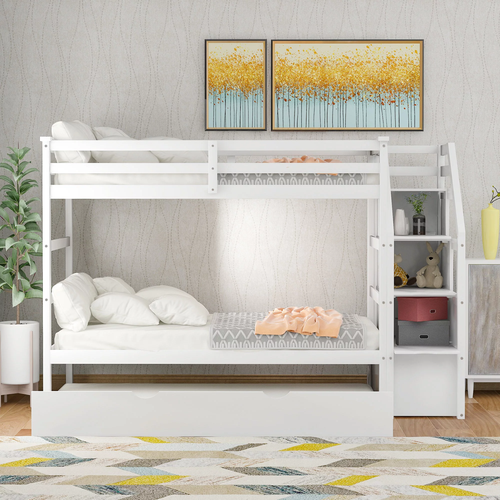 ikayaa Twin-Over-Twin Bunk Bed with Twin Size Trundle and 3 Storage Stairs,White
