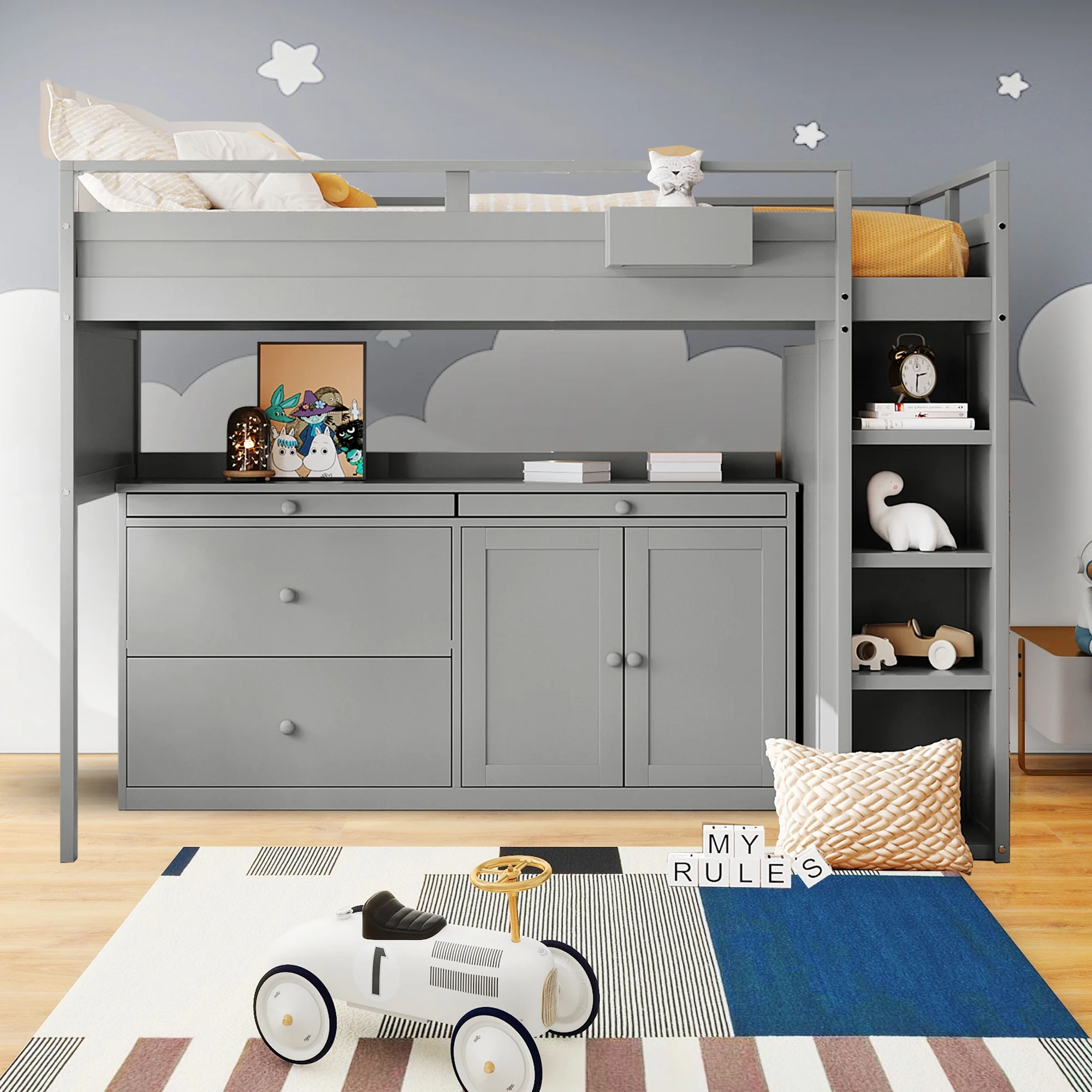 Twin Size Loft Bed with Rolling Cabinet, Desk and Drawers, Wood Twin Loft Bed Frame with Beside Storage Basket, Gray
