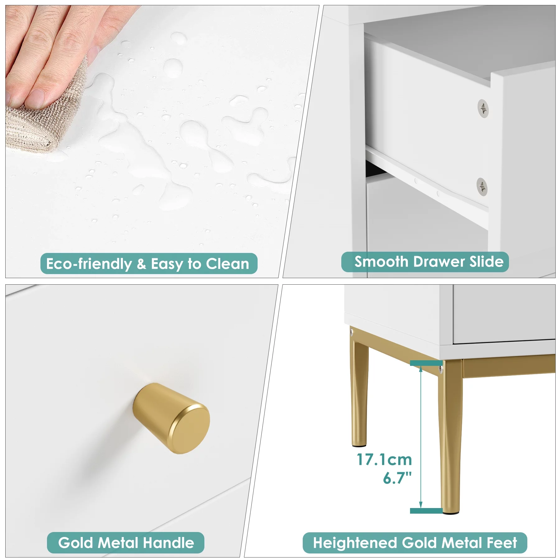 Homfa 4 Drawer Storage Cabinet, Modern Wooden Cupboard with Glass for Living Room, White Finish