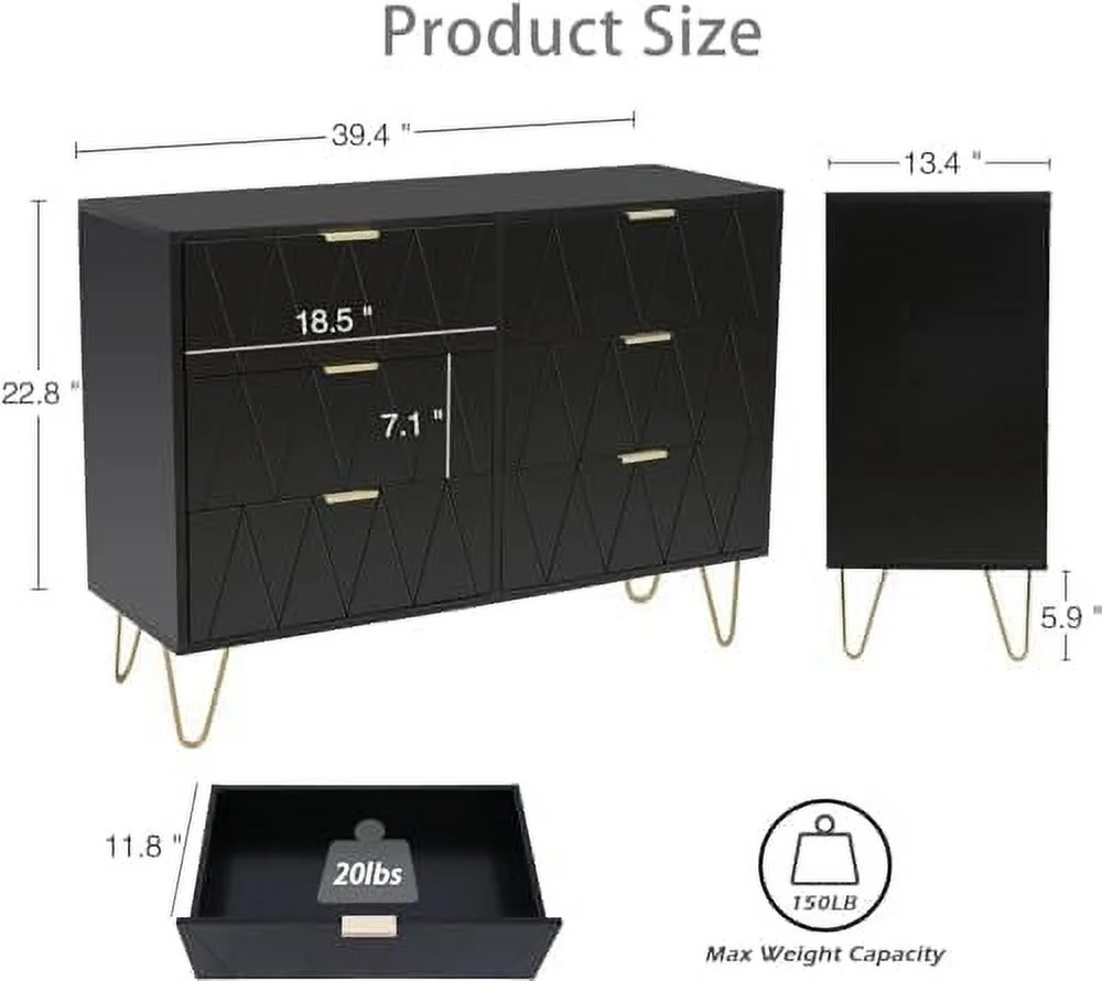 KHBIULIFE 6 Drawer Double Dresser Modern Chest of Drawers Dresser with Wide Drawers and Golden Handles for Bedroom Living Room Hallway Entryway (Black)