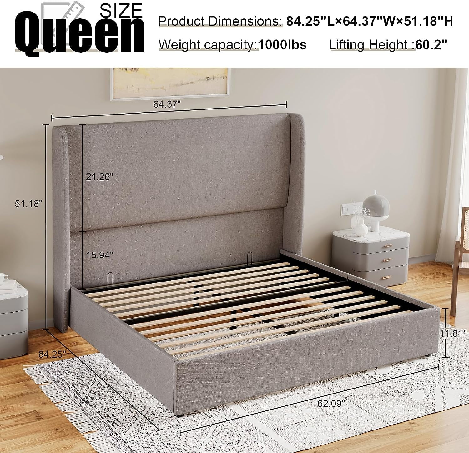 Jocisland Lift Up Storage Bed Queen Size Linen Upholstered Platform Bed Frame/Hydraulic Storage/Modern Wingback Headboard/No Box Spring Needed/Wood Slats Support/Light gray