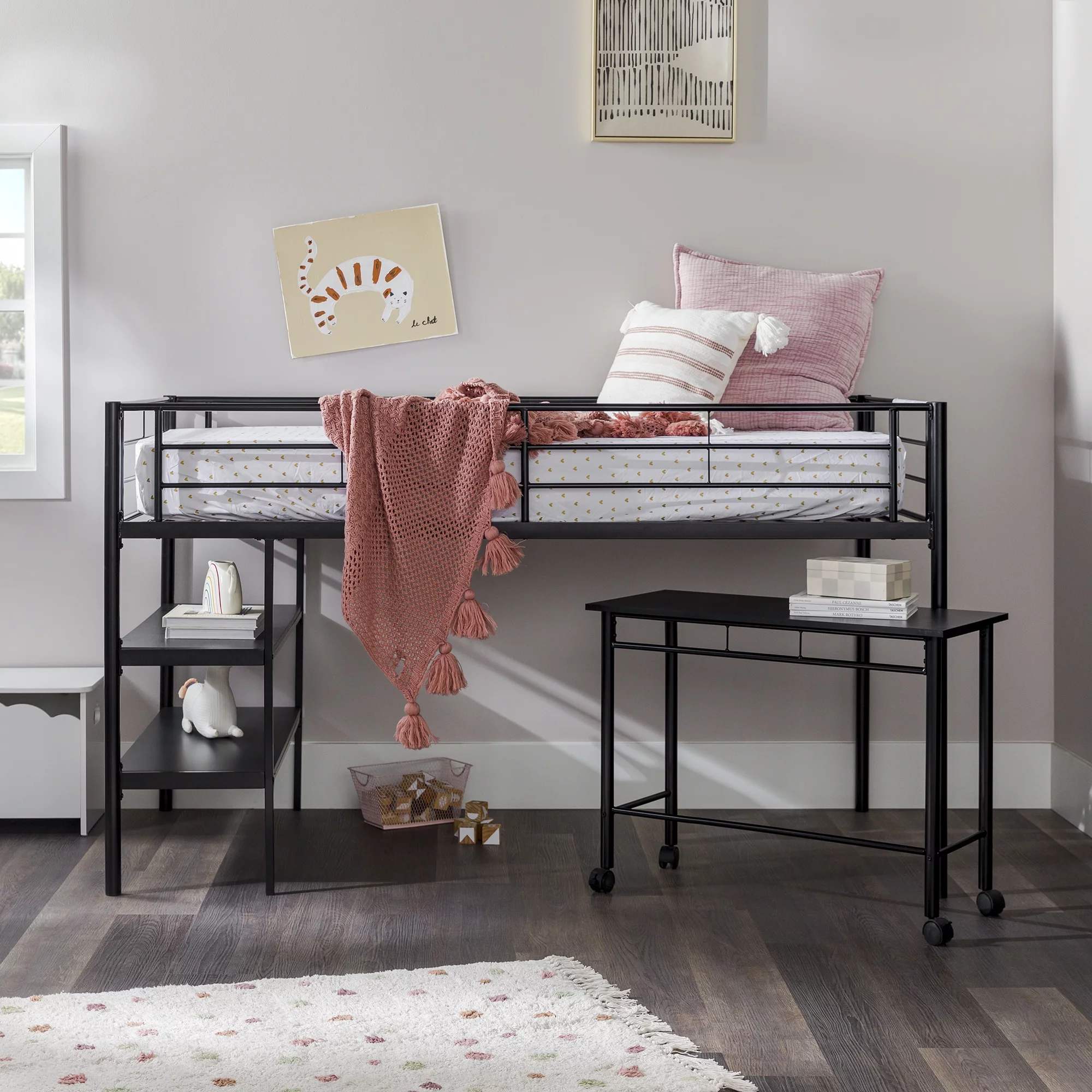 Walker Edison Twin Metal Loft Bed with Desk and Shelving, Black