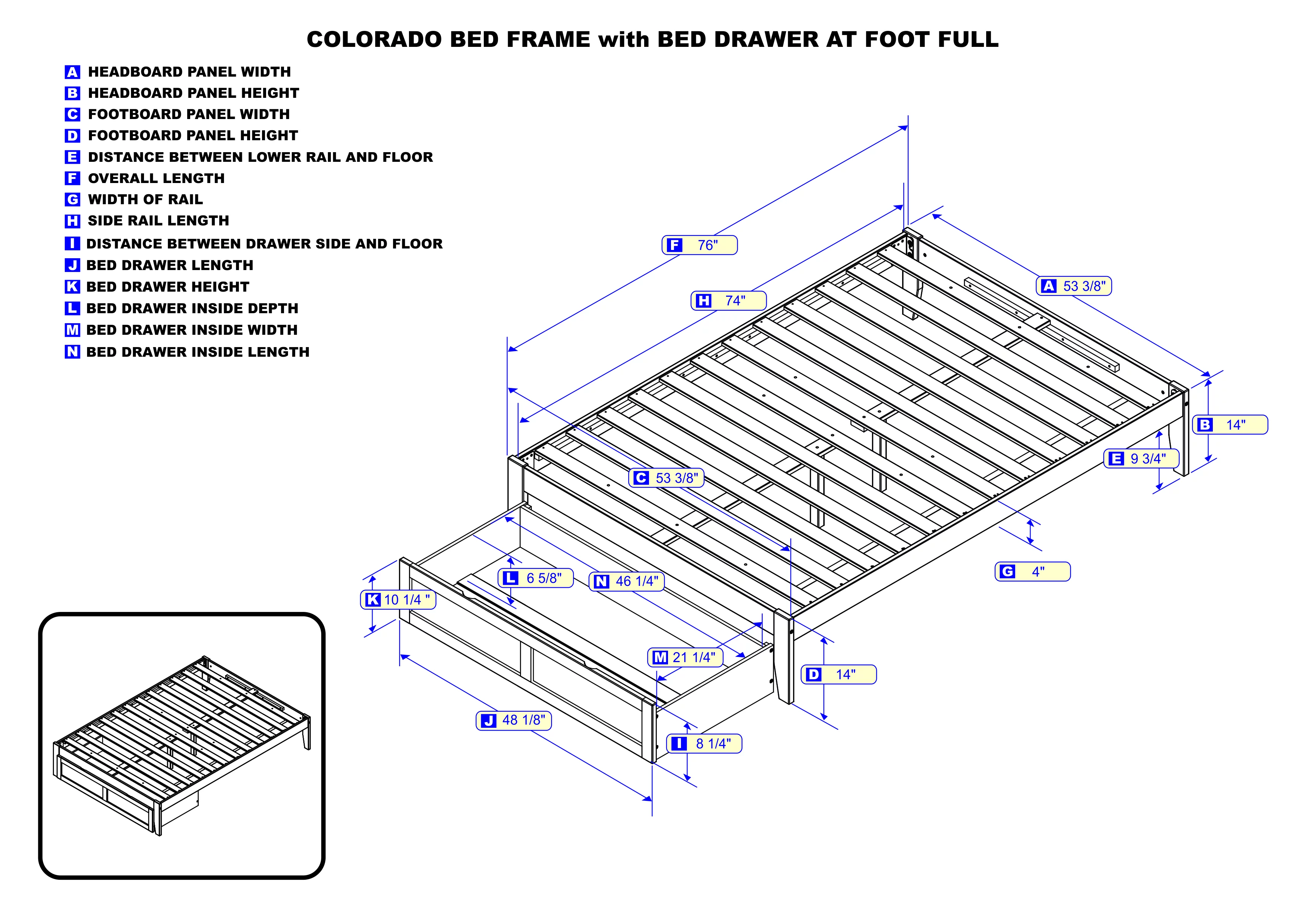Colorado Full Bed with Foot Drawer in Grey with USB Turbo Charger