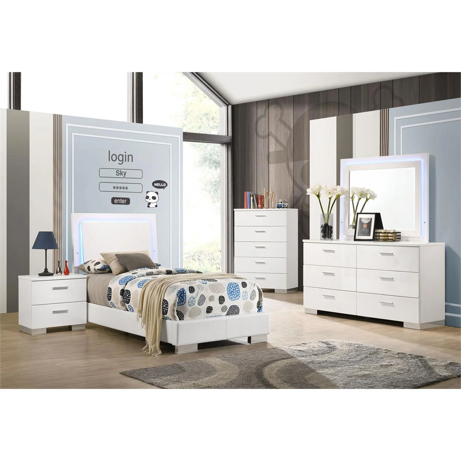 Pemberly Row 5-Piece Faux Leather Twin Bedroom Set in Glossy White