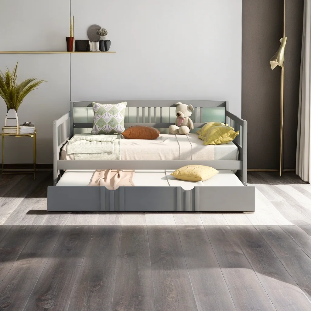 Full Size Daybed with Trundle, Modern Wood Sofa Day Bed Frame with Twin Size Trundle for Kids Boys, No Box Spring Need, Easy Assembly
