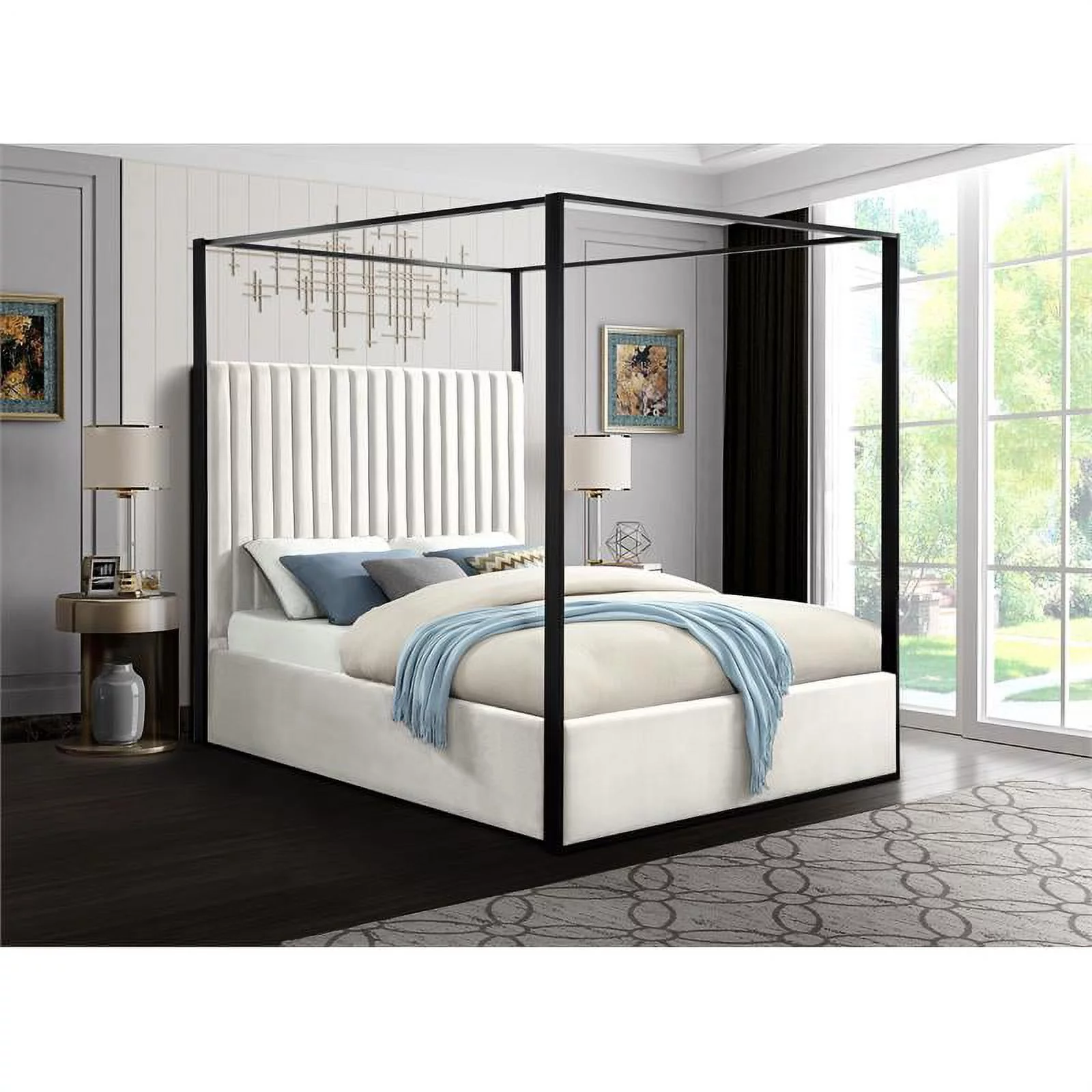 Meridian Furniture Jax Solid Wood and Velvet Queen Bed in Cream