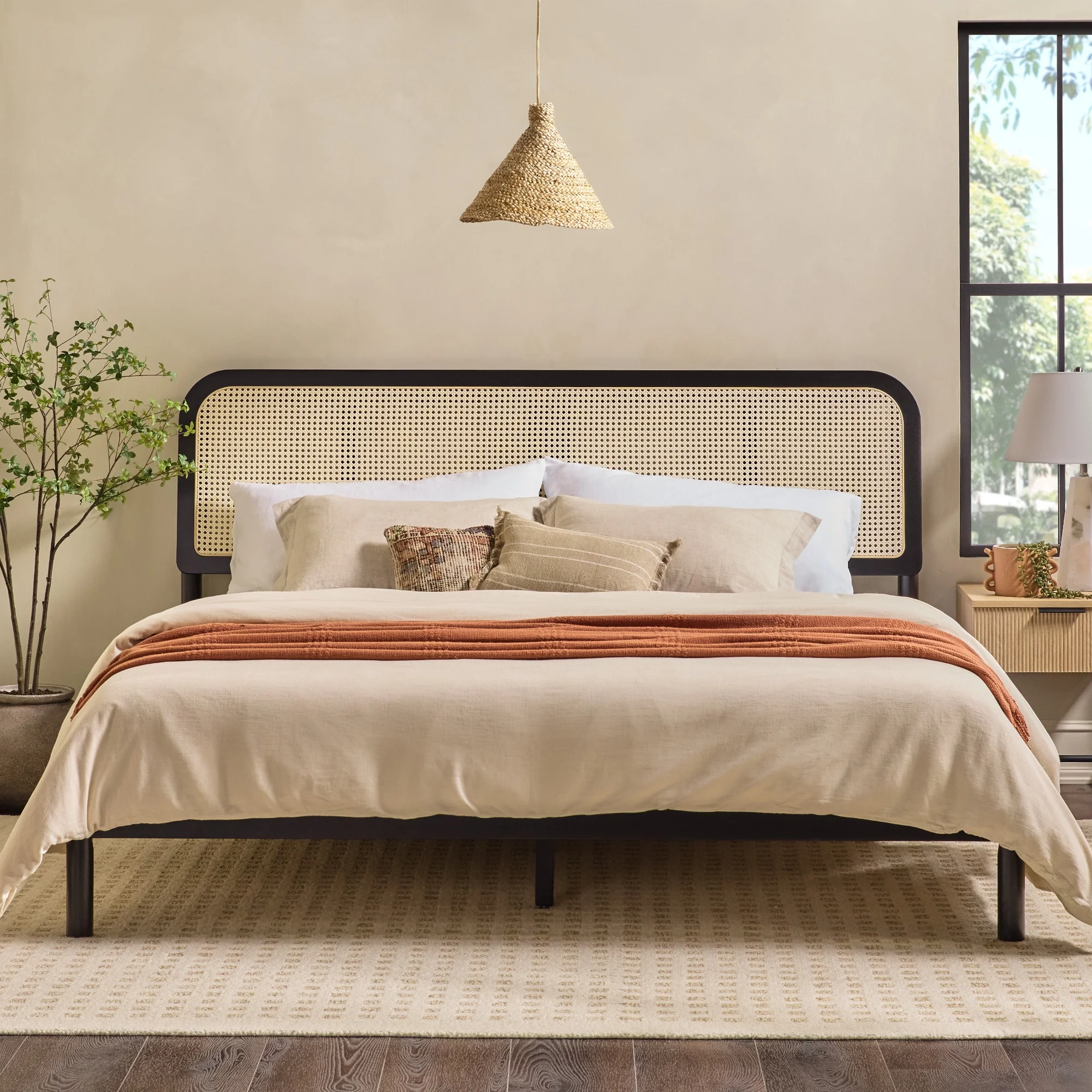 Walker Edison Boho Rattan-Panel King Platform Bedframe, Black