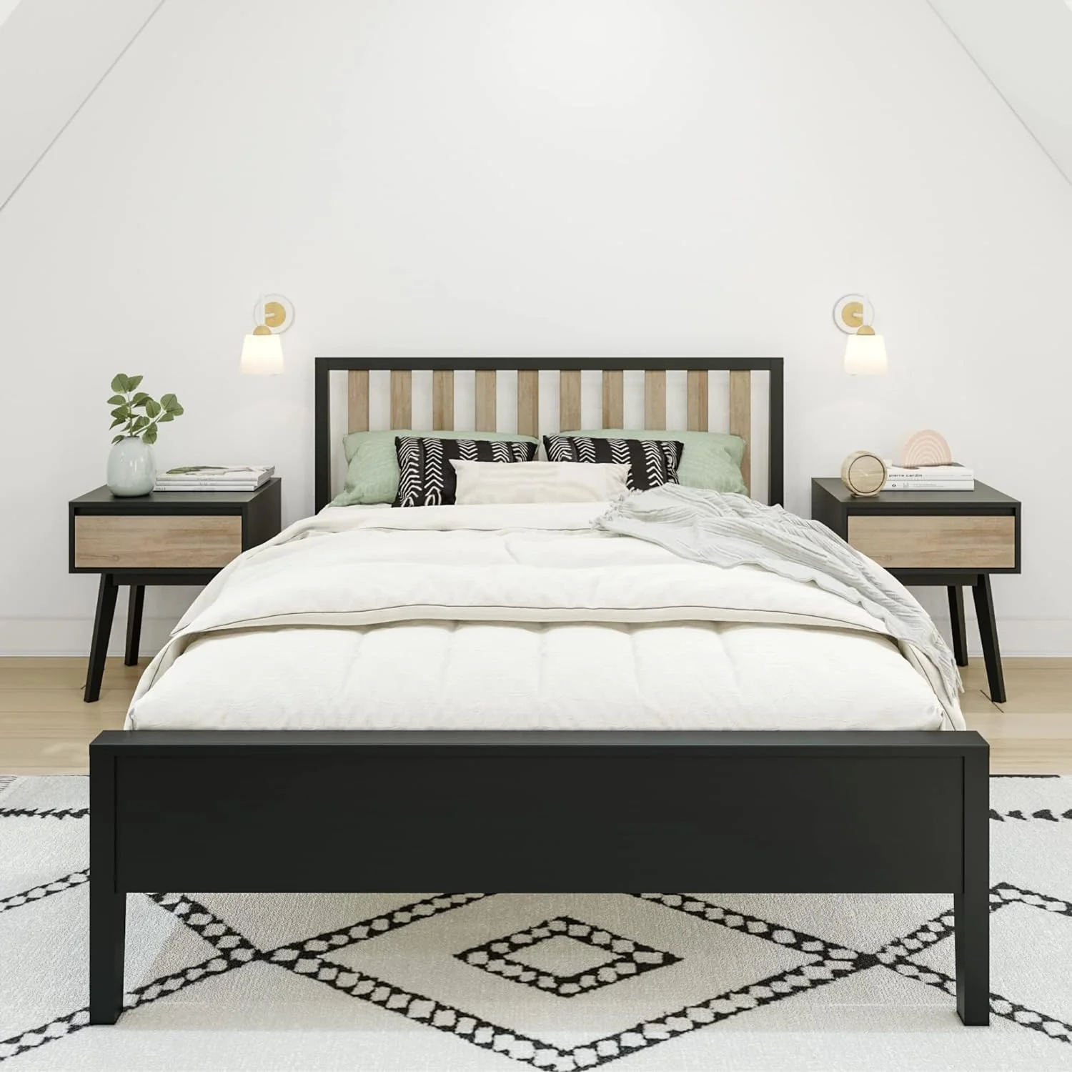 QCAI Full Bed, Scandinavian Modern Bed for Kids, Solid Wood Twin Bed Frame with Slatted Headboard, No Box Spring Needed, Black/Blonde