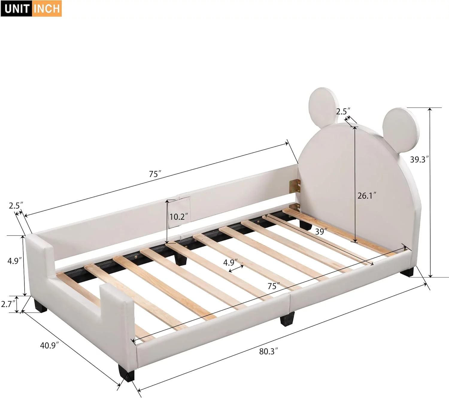 Size Upholstered Daybed With Carto Ears Shaped Headboard For Kids Boys Girls, White