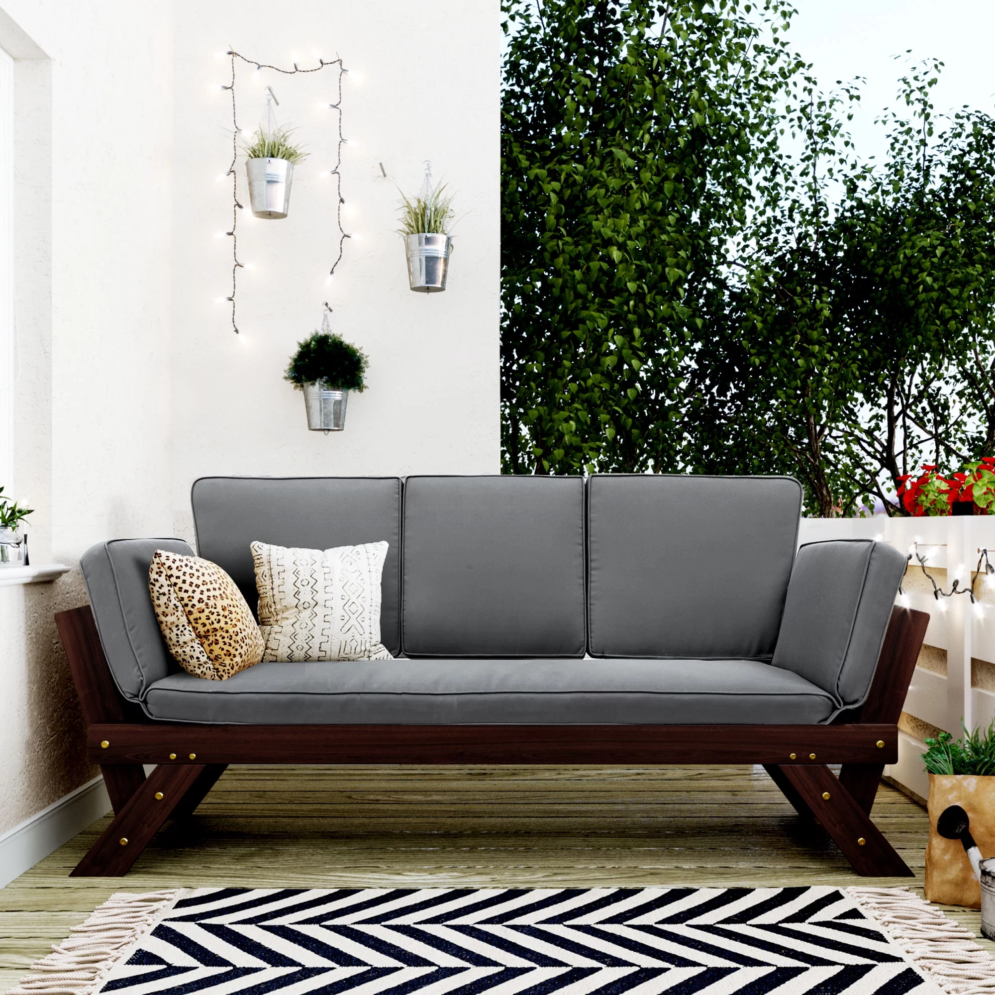 Patio Sectional Furniture Outdoor Couch, Wood Futon Sofa Adjustable Lounge Chair, Deck Poolside Garden Daybed Sofa with Cushions, Brown Finish + Gray Cushion