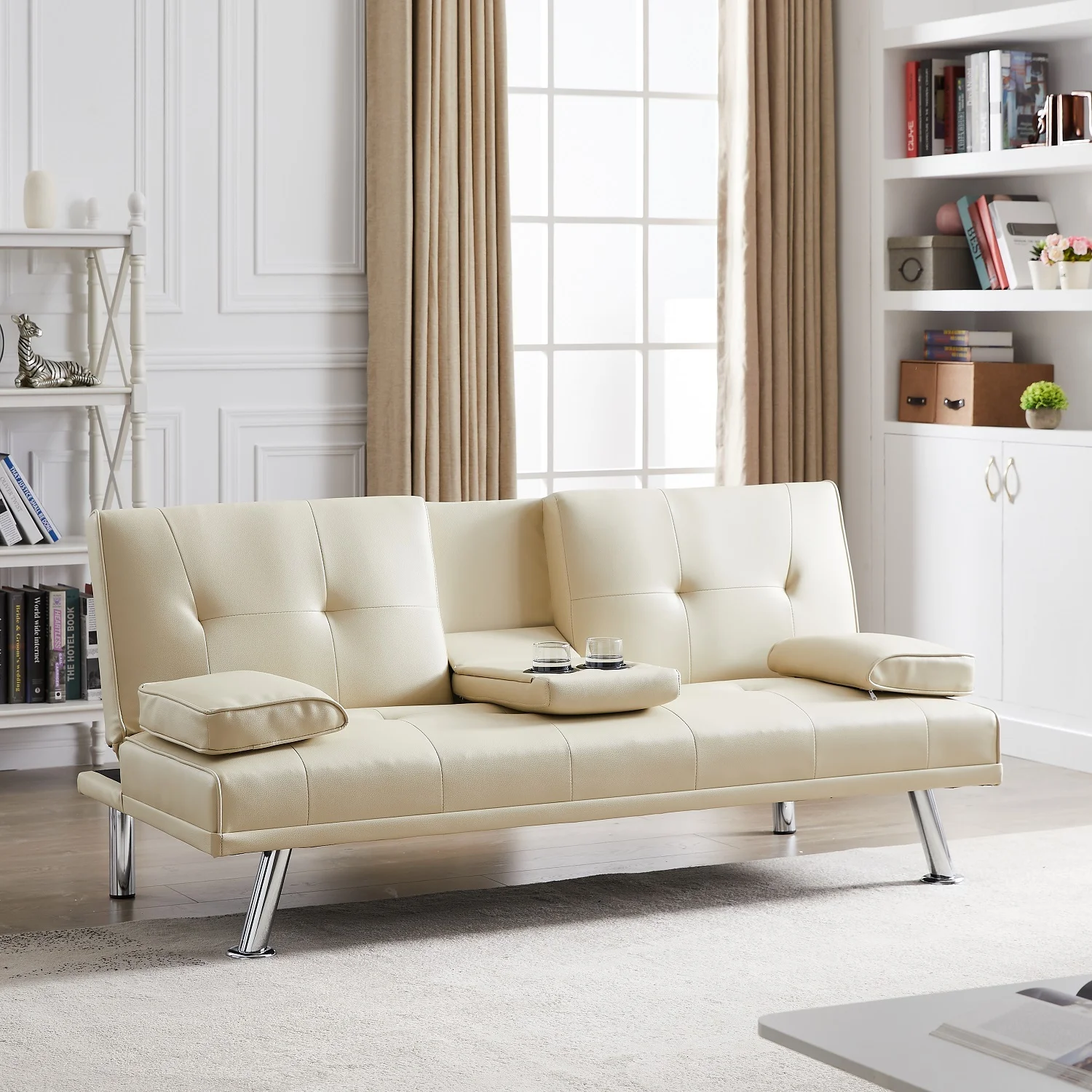 Dubbin Faux Leather Convertible Futon Sofa Bed with Removable Armrests,Metal Legs,and Cupholders - Beige