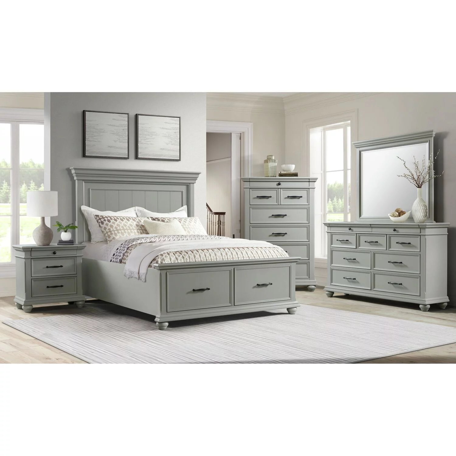 Picket House Furnishings Brooks Queen Platform Storage 6PC Bedroom Set in Grey
