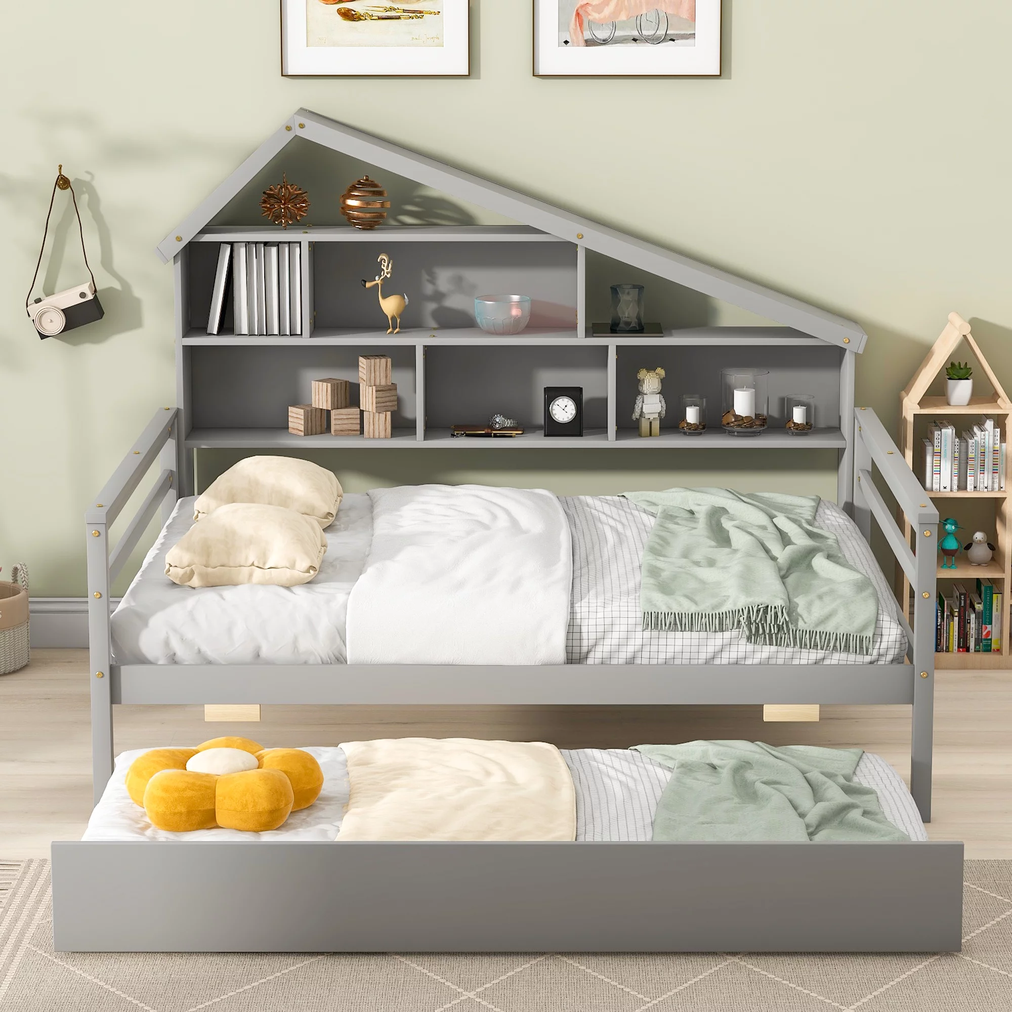 Euroco Wood Full Size House Daybed with Storage Shelf and Trundle for Bedroom, Gray