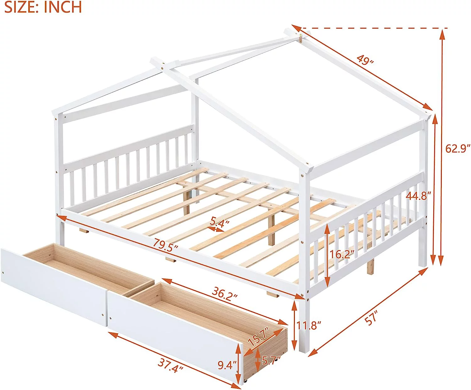 Full Size House Bed With Drawers, Wooden Full Platform Bed Frame With Headboard And Footboard, Roof Design, For Guest Room/Living Room, White