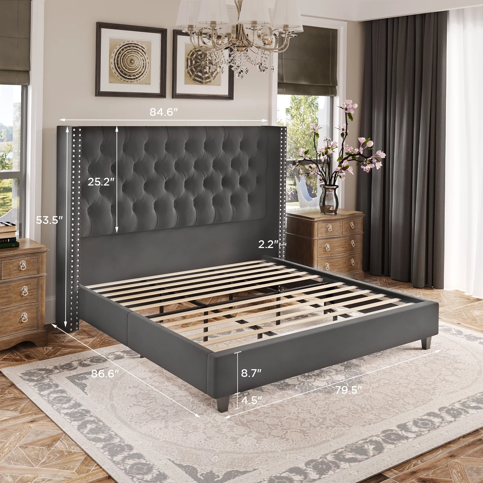 Jocisland King Size Platform Bed Frame Velvet Upholstered Bed Deep Button Tufted Wingback Headboard/No Box Spring Required/Wood Slat Support/Easy Assembly/Dark Gray