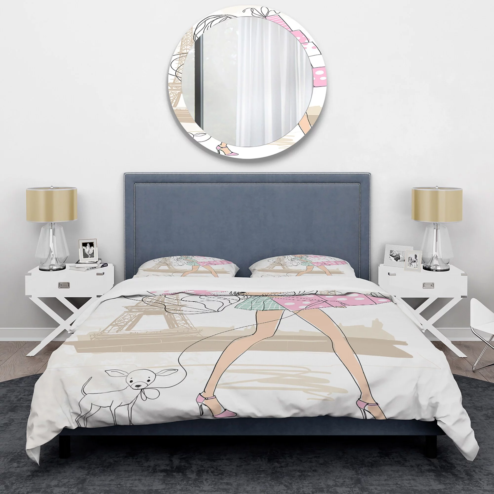 DESIGN ART Designart 'Young Girl With Shopping Boxes In Paris' Shabby Chic Duvet Cover Comforter Set King Cover + Comforter + 2 King Shams 4 Piece