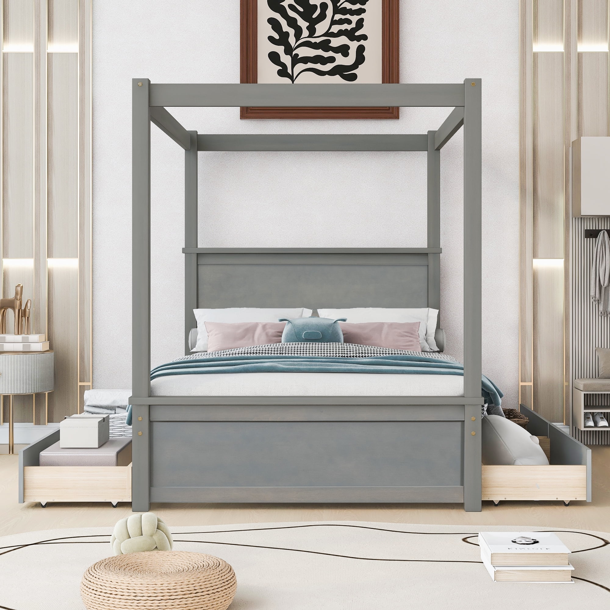Full Size Canopy Bed 4-Post Canopy Platform Bed Frame with Four Drawers, Solid Wood Full Platform Bed Frame for Kids Teens Adults, No Box Spring Needed
