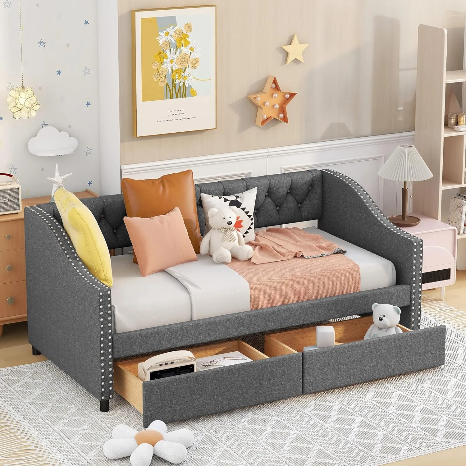 Upholstered Daybed With Storage, Wooden Daybed Frame With 2 Drawers Underneath, Tufted Sofa Bed Daybed With Wood Slat Support For Bedroom,Living Room,Grey
