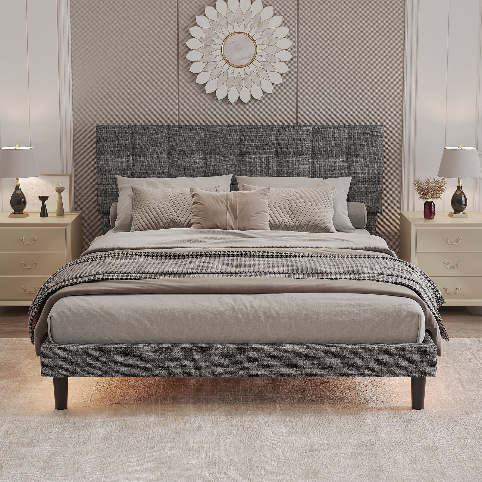HSUNNS Qunee Bed Platform Bed with Lights, Queen Size Lighted Upholstered Bed Frame with Bed Canopy, Upholstered Platform Bed with Adjustable Headboard, No Box Spring Needed, Gray