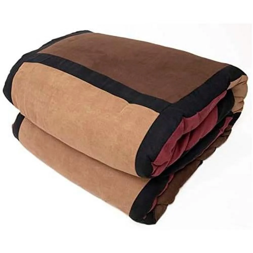 7 Piece Brown Burgundy & Beige Micro Suede Patchwork Comforter Bed-In-A-Bag Set Washable Queen Size