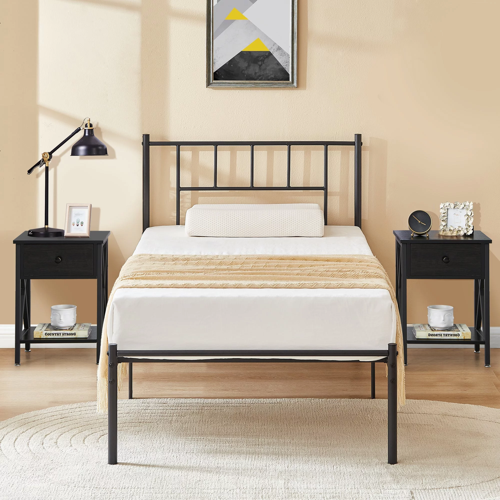 VECELO 3-Piece Bedroom Set with Twin Metal Bed Frame with Headboard and 2 Black Nightstands