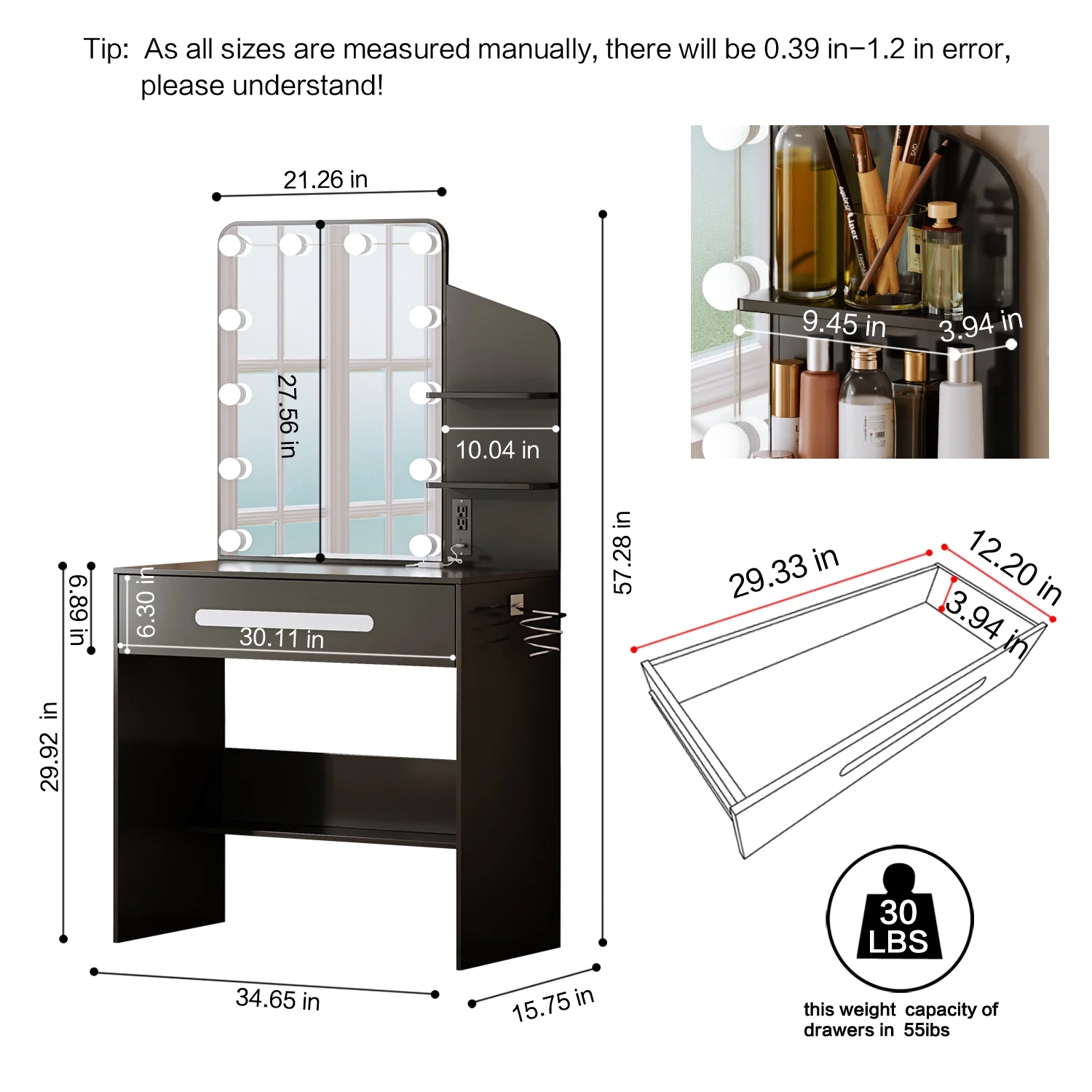 Modern Vanity Desk with Lighted Mirror, Desk Makeup Dressing Table with Power Strip, 12 LED Lights, 1 Large Drawers, Writing Desk with 3-Sectio Storage Shelves for Bedroom, Black