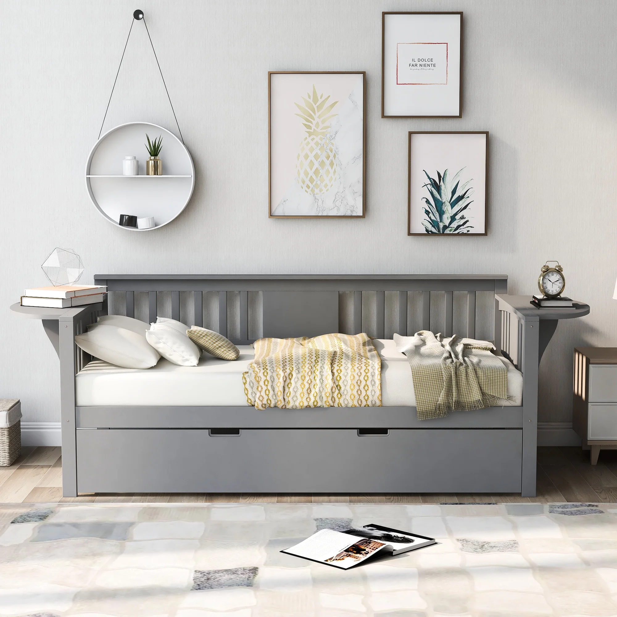 CoSoTower Twin Wooden Daybed With Trundle Bed, Sofa Bed For Bedroom Living Room, Gray