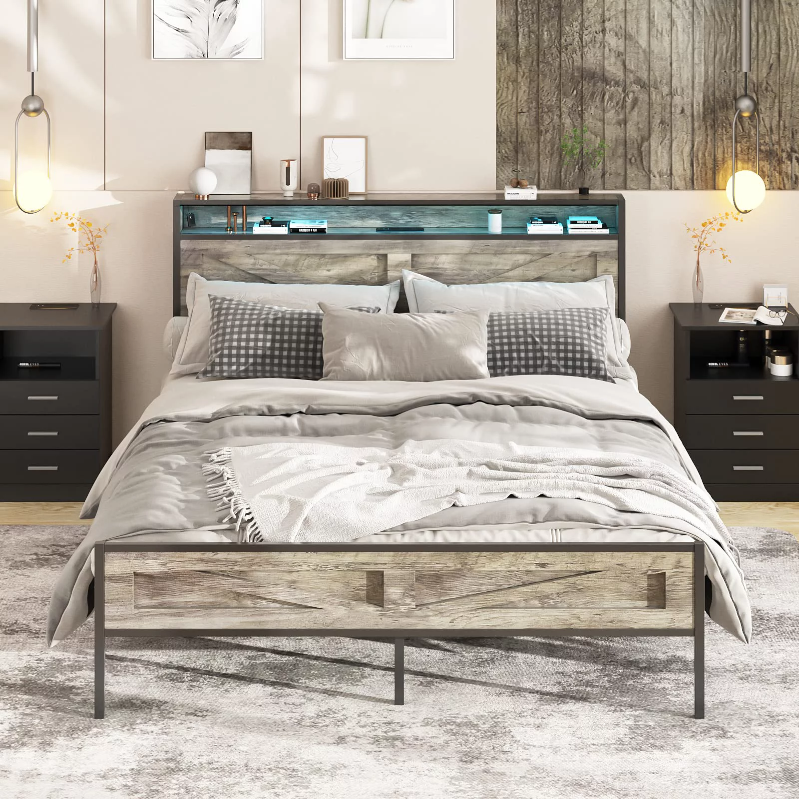 Veanerwood Full Platform Bed Frame with Headboard, LED Lights and Power Strip, for Bedroom, Gray