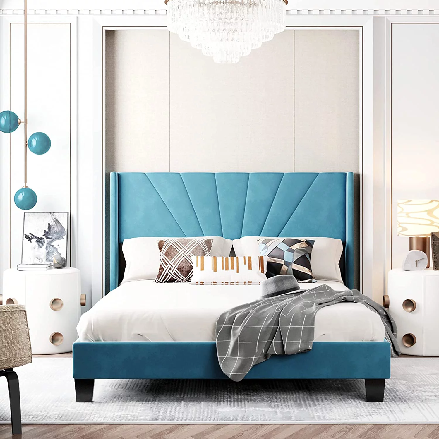 Queen Bed Frame, Upholstered Platform Bed with Tufted Headboard, Wood Slat Support, Linen Fabric Blue