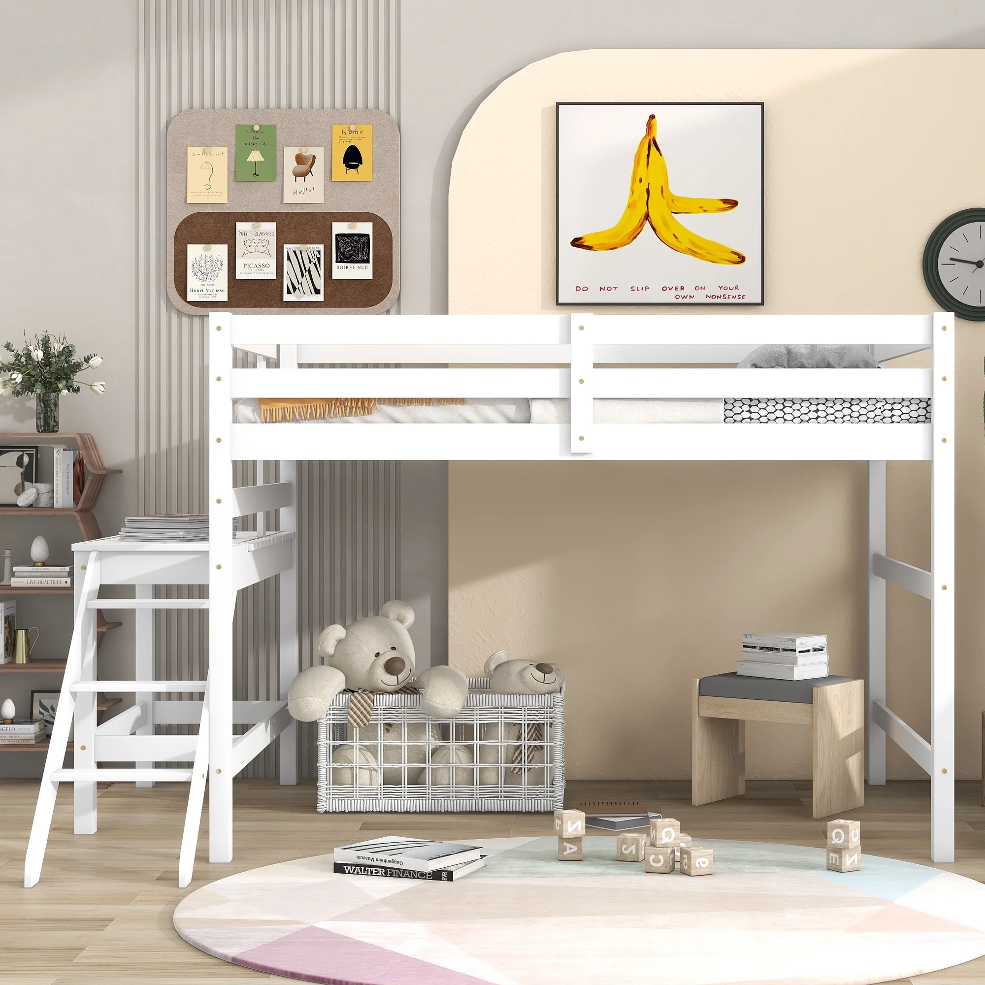 Literary and artistic ,Full Loft Bed with Platform,ladder,White