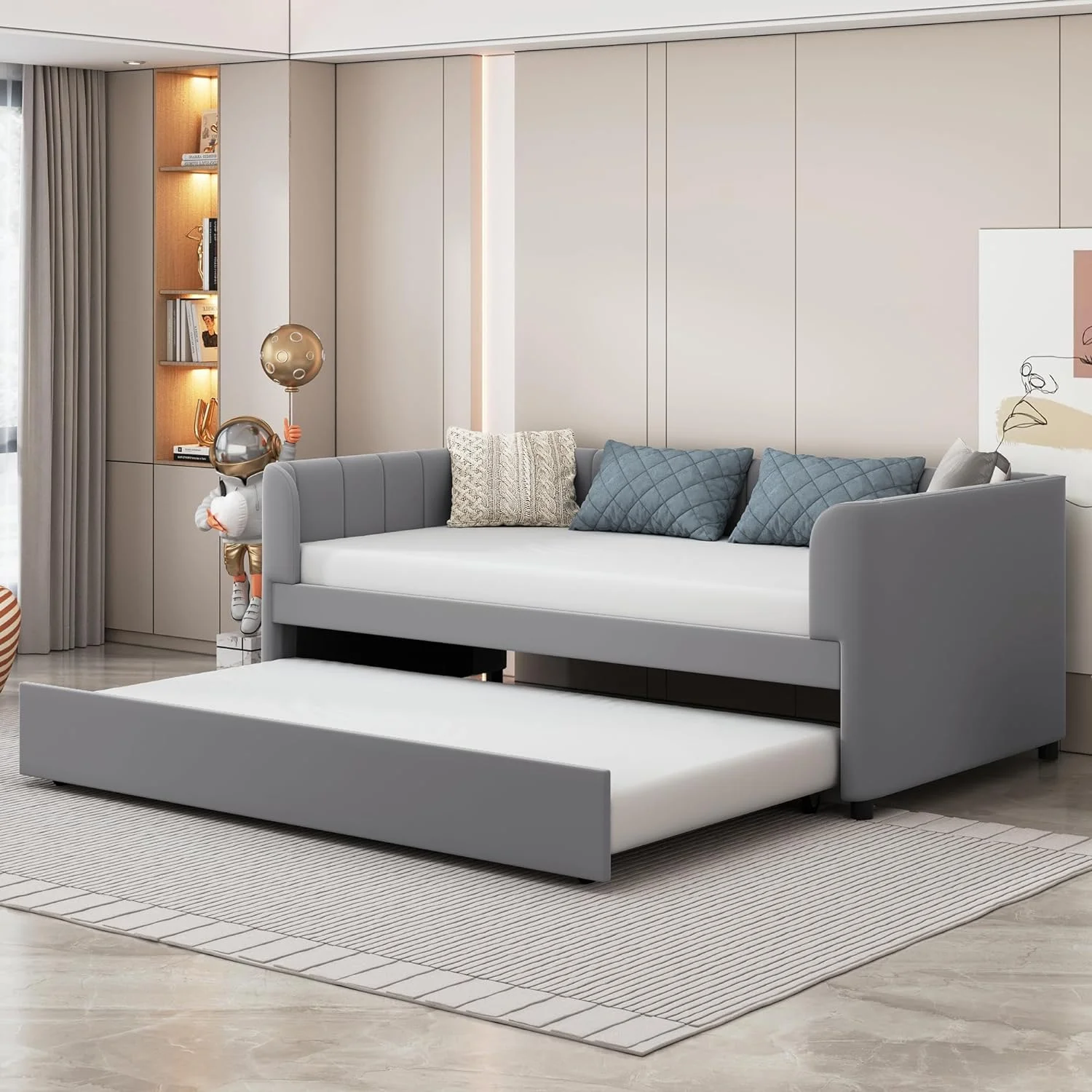 Upholstered Size Daybed With Trudle,Woode Daybed With Ergoomic Desig Backrest, Velvet Tufted Sofa Bed Daybed For Bedroom,Livig Room, Grey