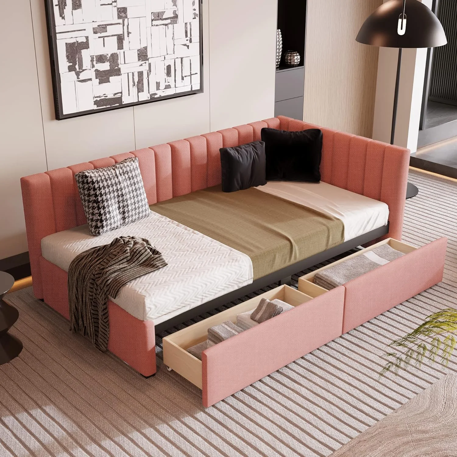 Upholsered Daybed Wih Sorage Drawers, Size Daybed Wih Wood Slas, Lie Fabric Sofa Bed Frame For Livig Room Bedroom ( Size, )