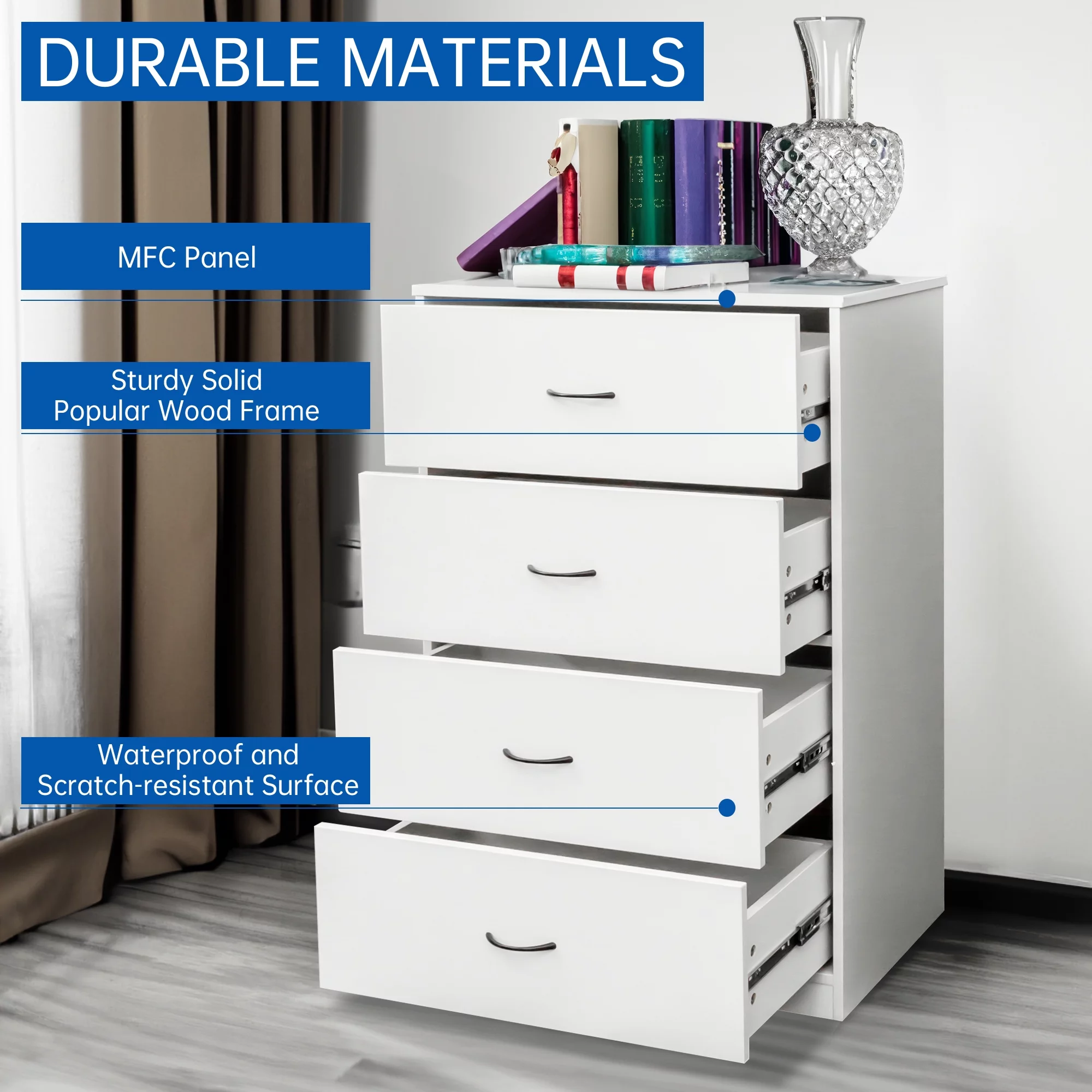 SUGIFT 4 Drawer Wood Dresser for Bedroom, Modern Storage Cabinet Dresser , Light Gray