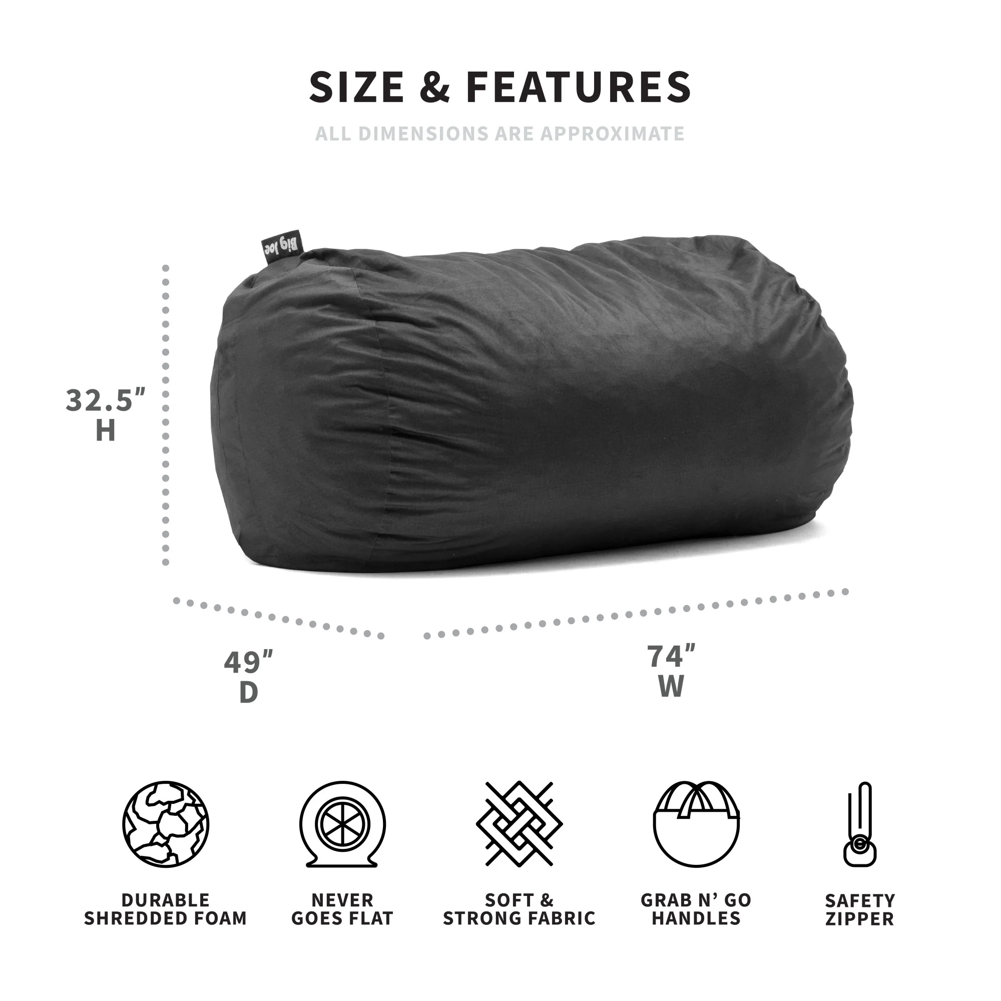 Big Joe Fuf Media Lounger Foam Filled Bean Bag Chair with Removable Cover, Black Lenox, Durable Woven Polyester, 6 feet Giant
