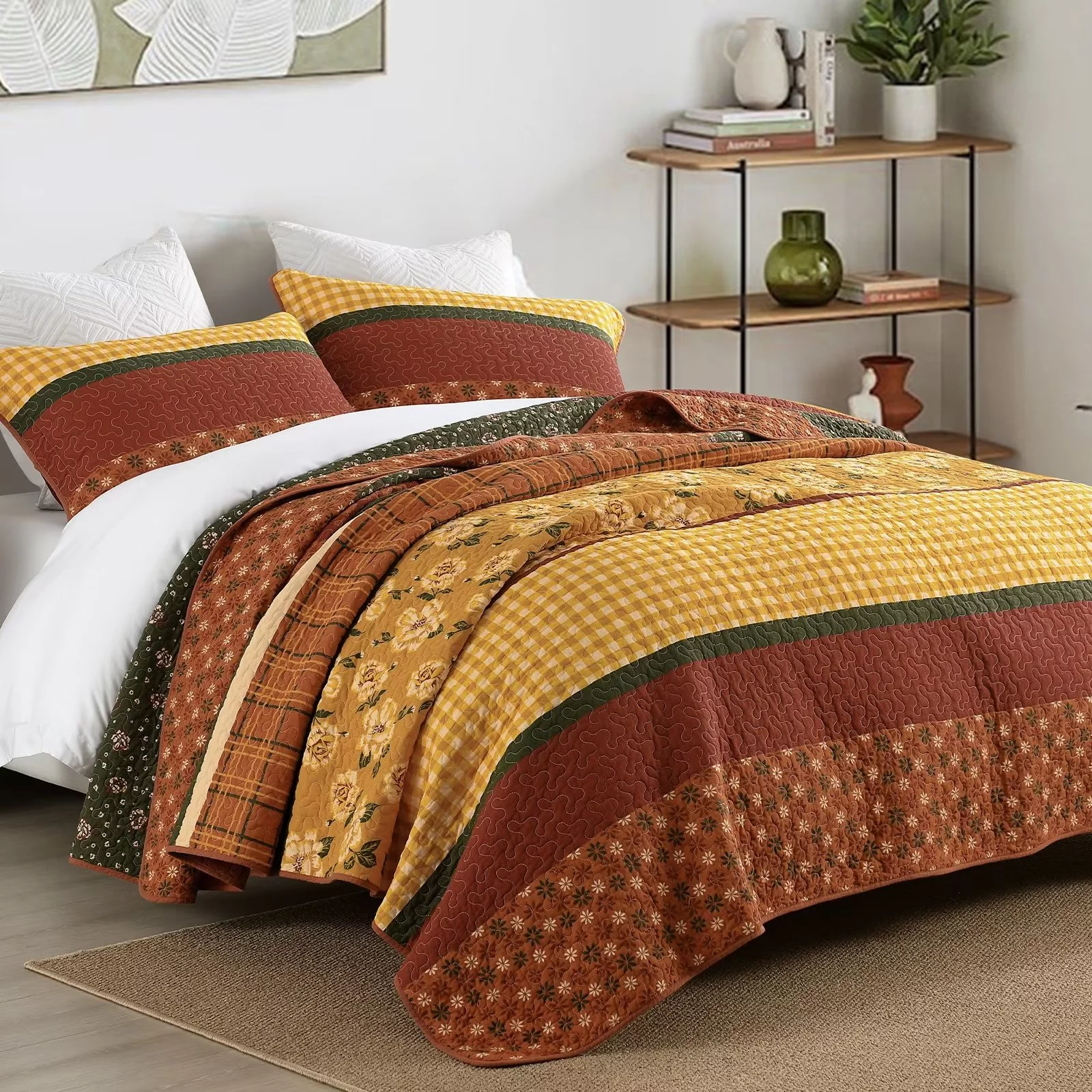 DDUOXIN Bohemian Fall King Quilt - 100% Cotton Floral Brown & Gold & Green Striped King Size Quilt Set, Lightweight Boho Bedspread Autumn Gift 3-Piece Quilt Comforter Set with 2 Pillowsham, 98