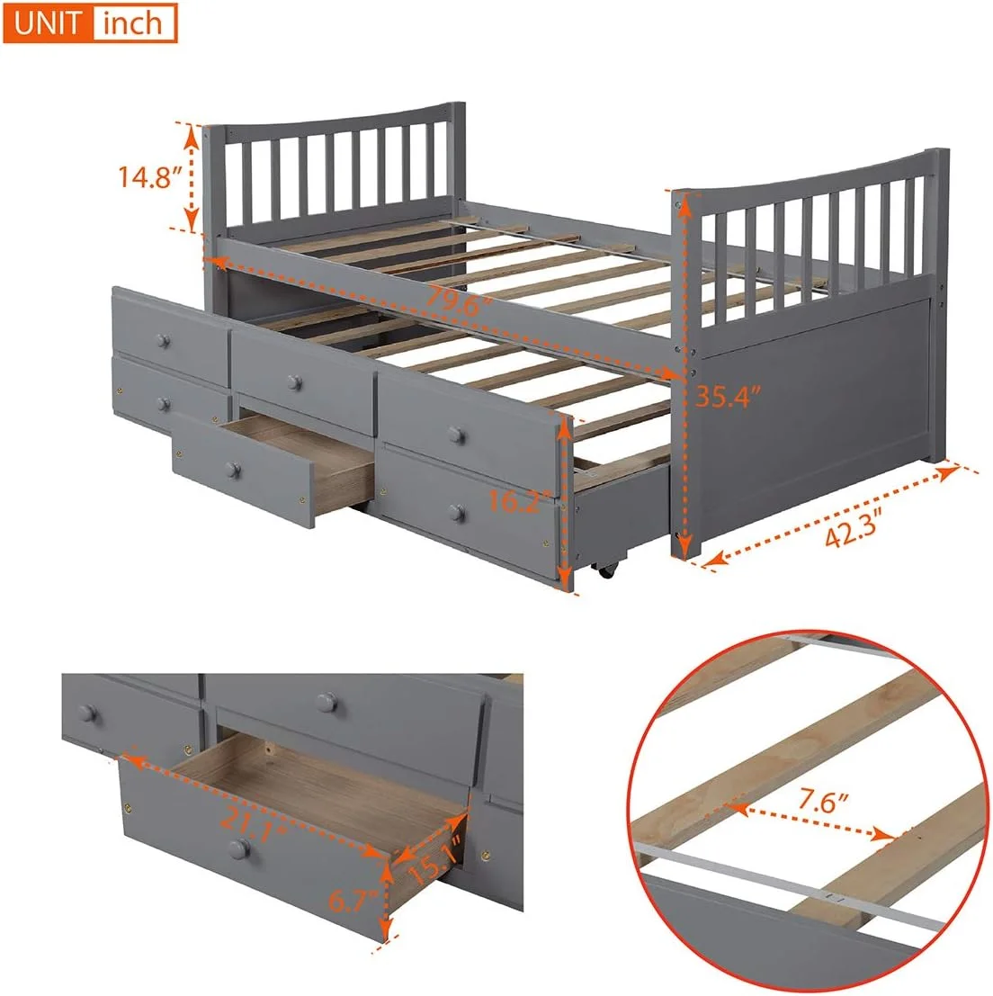 Bed, Daybed With Trundle And 3 Storage Drawers, Wood Platform Bed Frame With Headboard And Footboard For Kids Teens Adults, No Box Spring Need, Easy Assembly, Grey