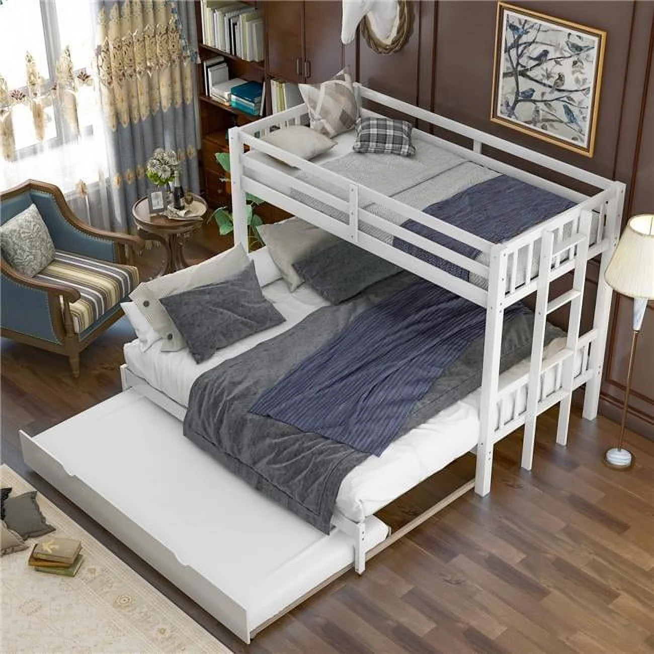White Up to 4 People Twin over Pull-Out Flexible Bunk Bed Frame with Trundle