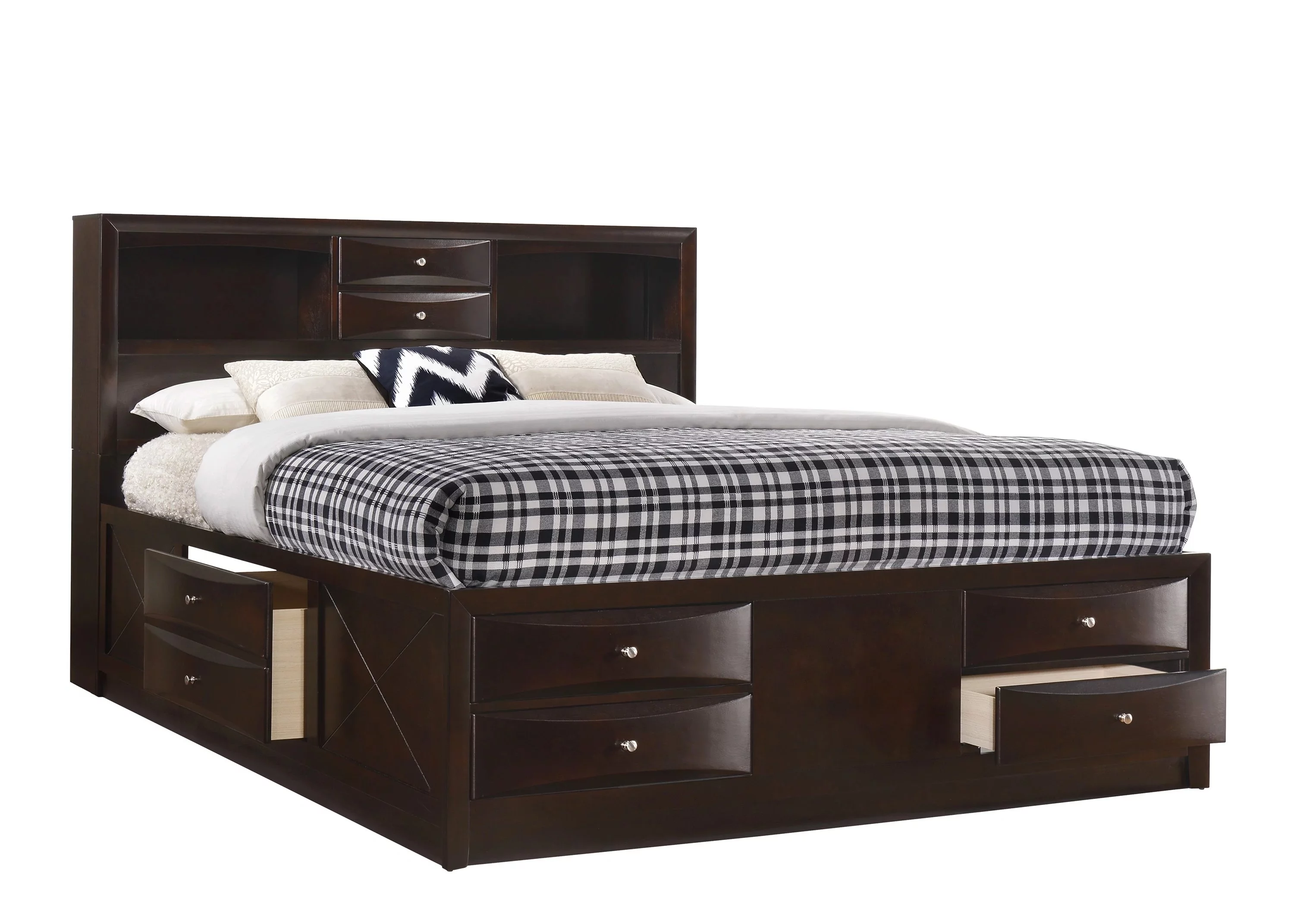 Contemporary King Size 3pc Captains Bed Nightstands Set Storage Drawers Cherry Finish Wooden Bedroom
